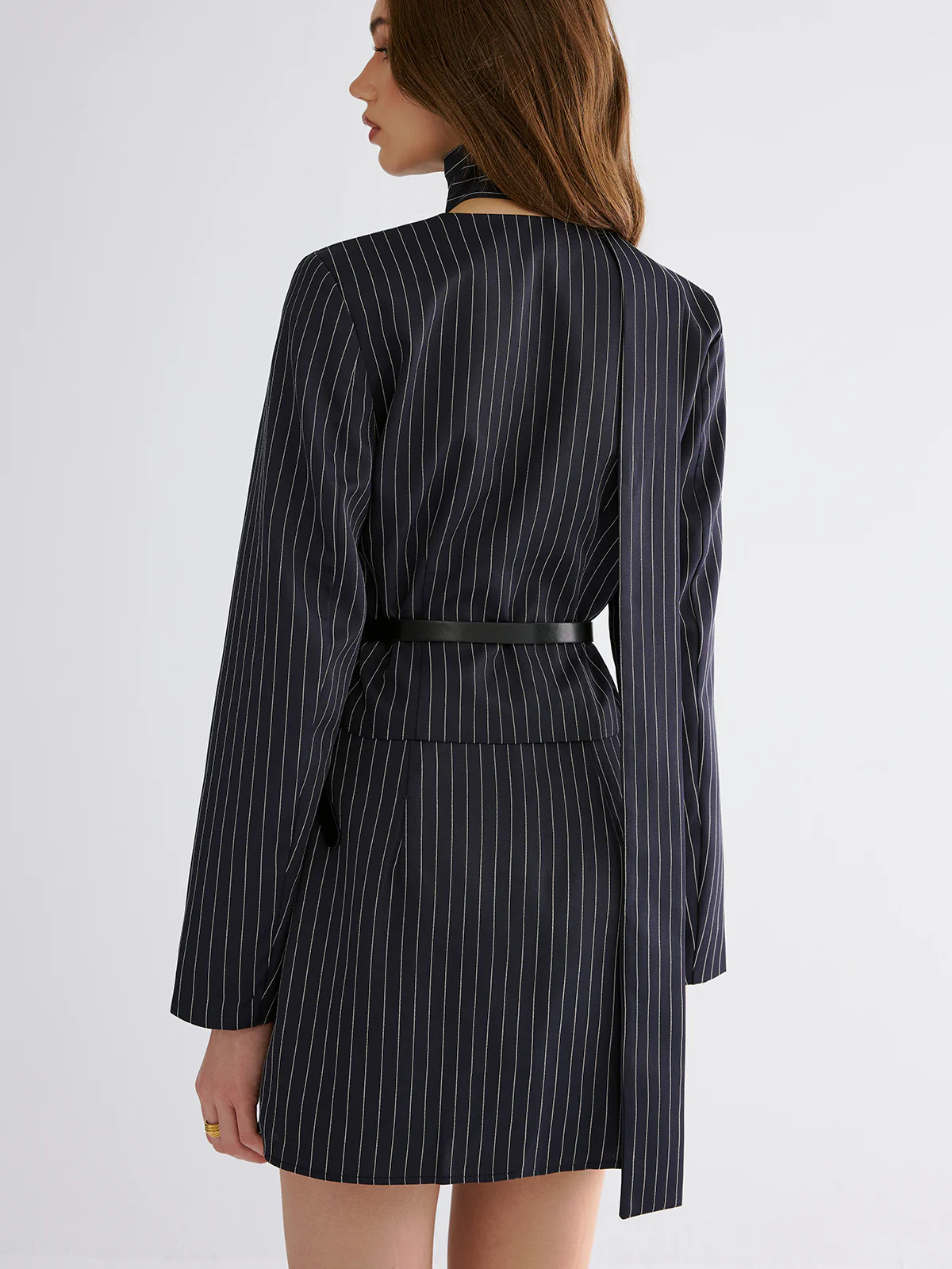 Pinstripe V-Neck Belted Blazer and Skirt Set - Image 6