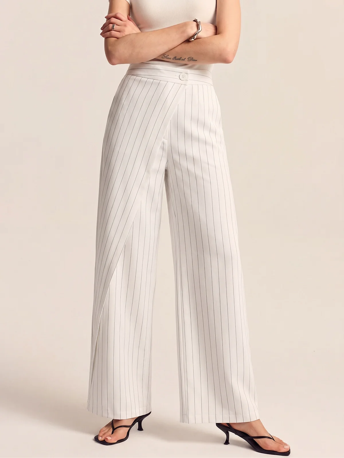 Pinstripe Wrap-Front Wide Leg Pants