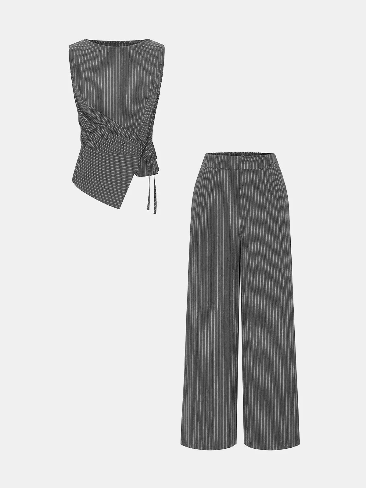 Pinstripe Wrap Top & Wide-Leg Pants Set - Image 9