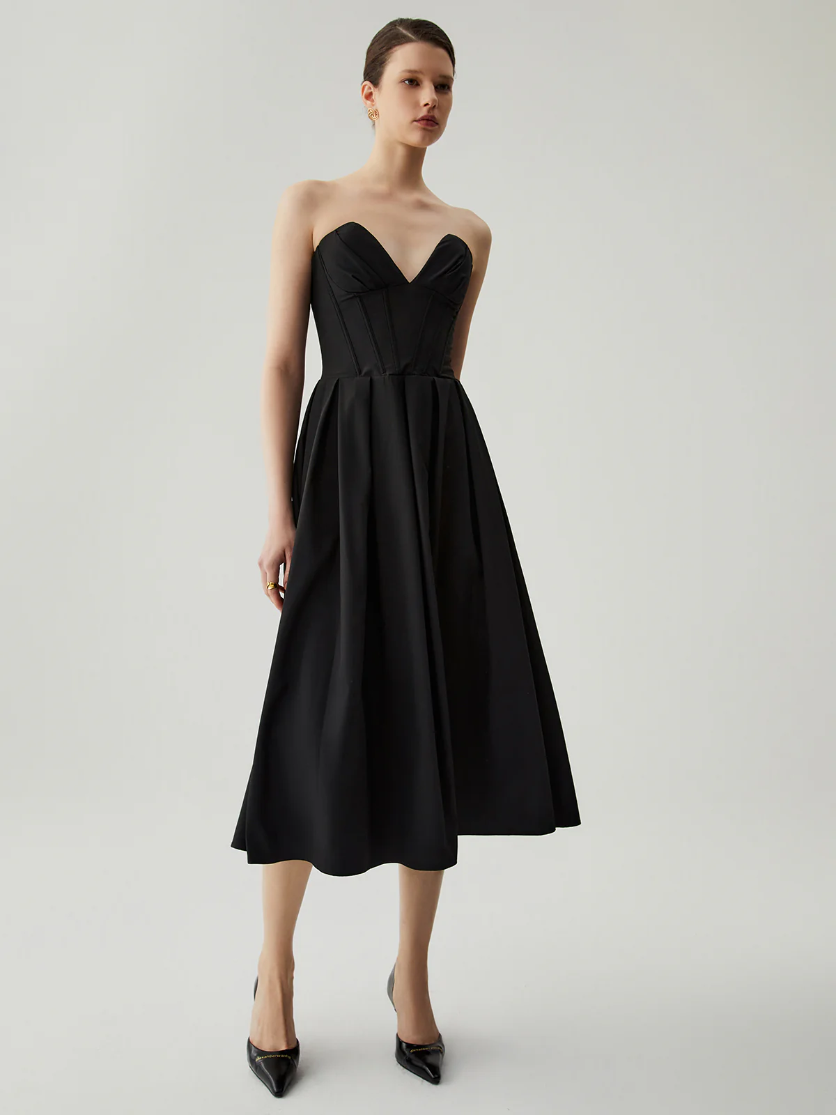 Double Pockets Pleated Zip Corset Tube Midi Dress - Image 2