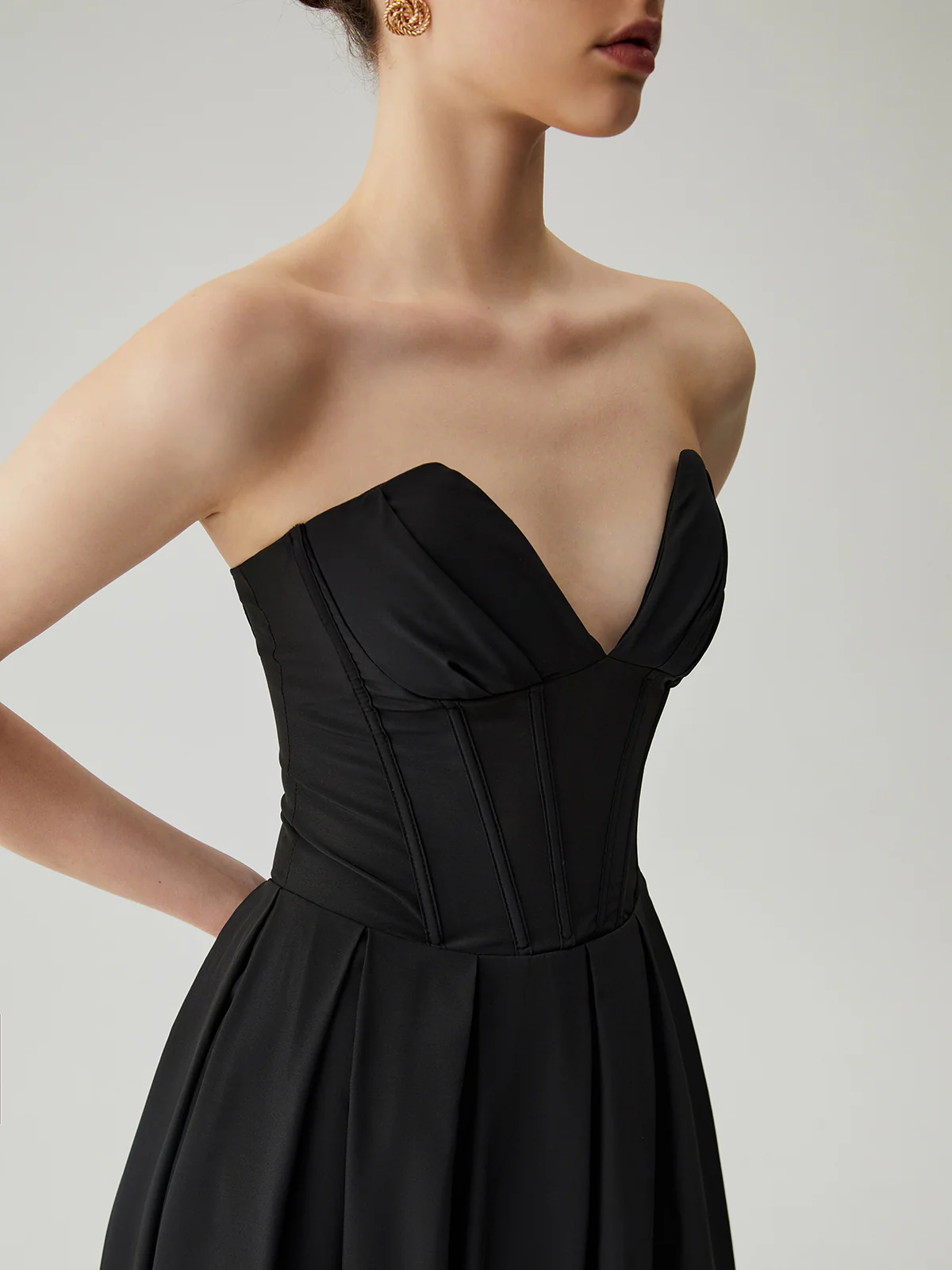 Double Pockets Pleated Zip Corset Tube Midi Dress - Image 3