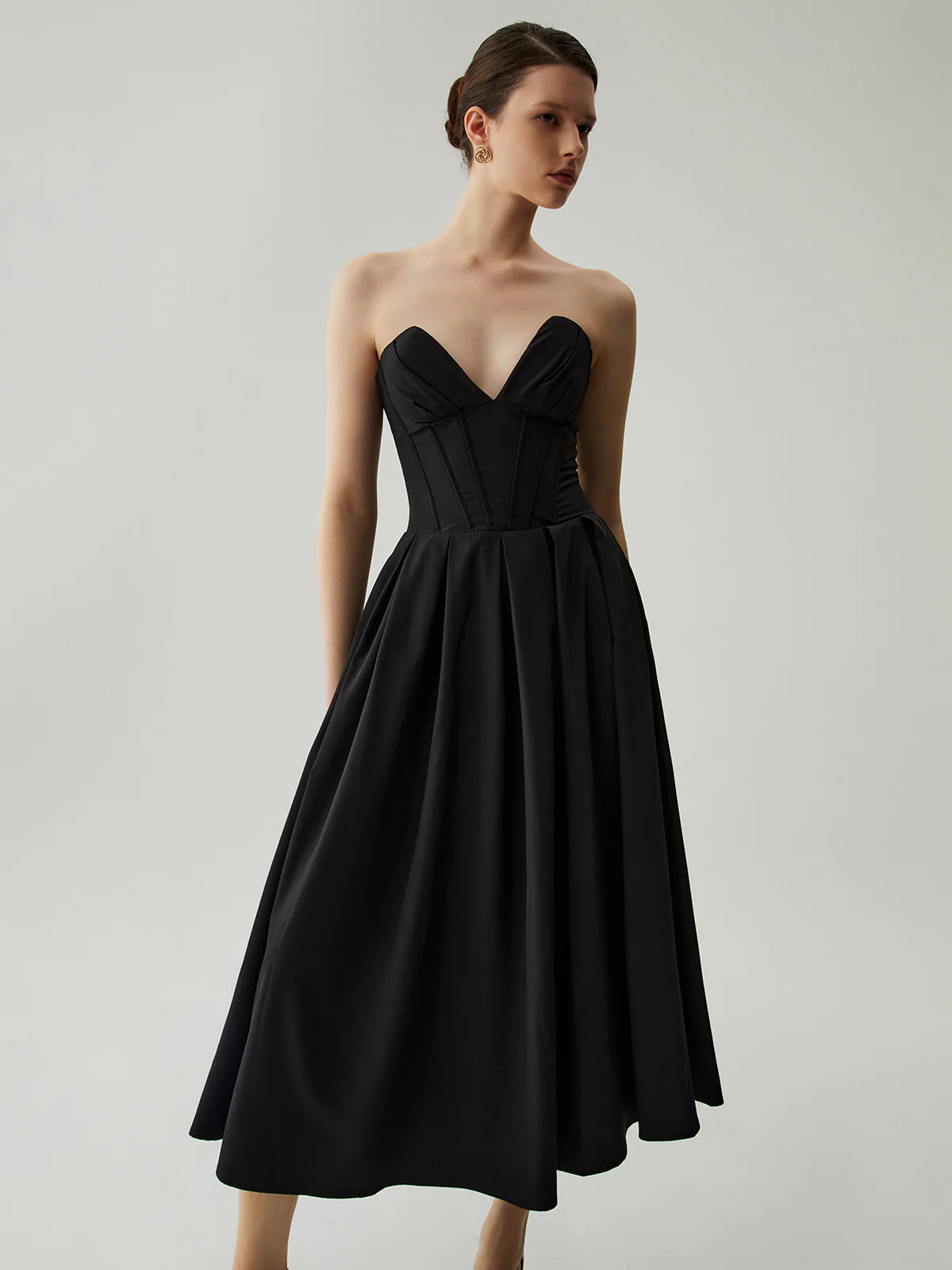 Double Pockets Pleated Zip Corset Tube Midi Dress - Image 4