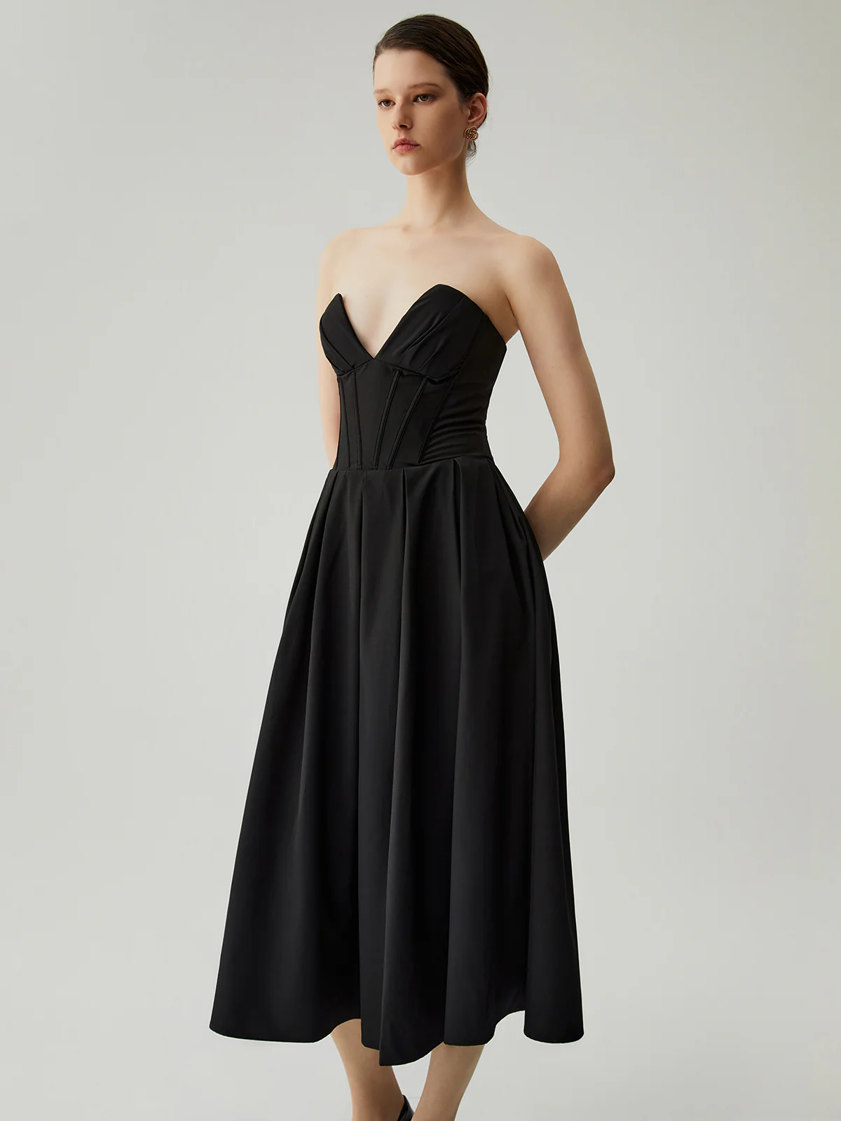 Double Pockets Pleated Zip Corset Tube Midi Dress - Image 5