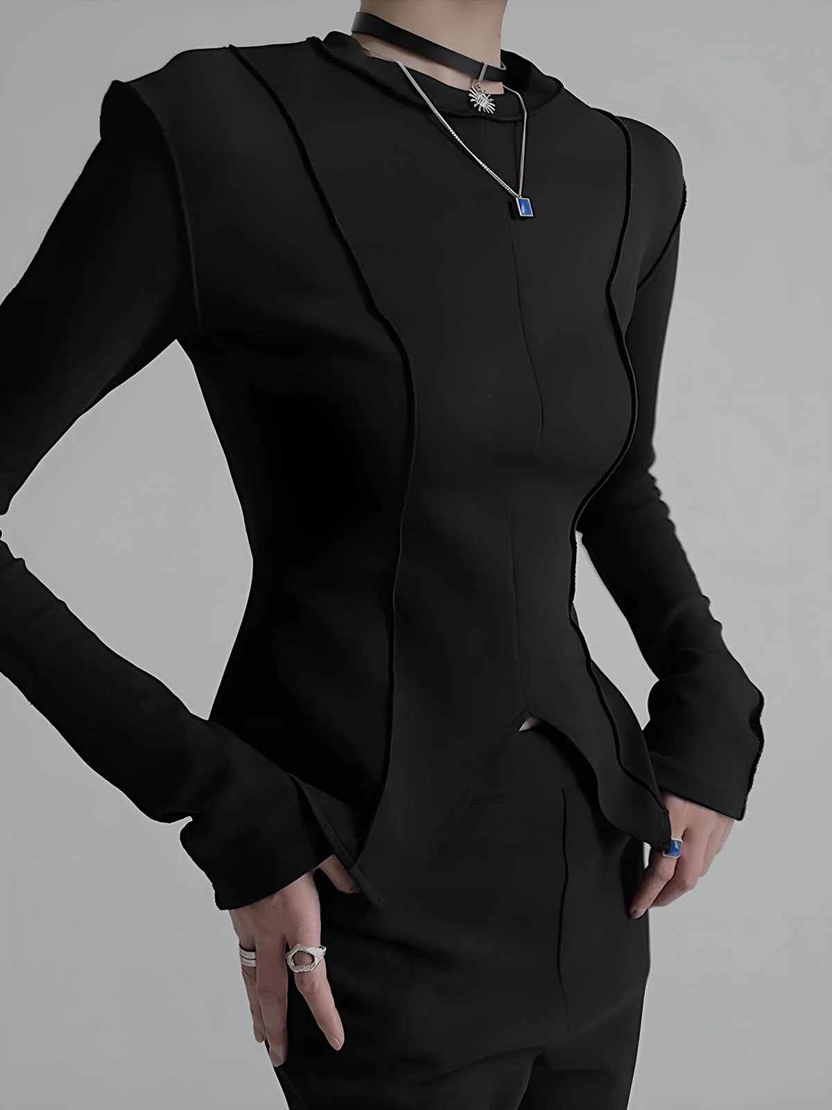 Piping Slim Jersey Blouse - Image 3