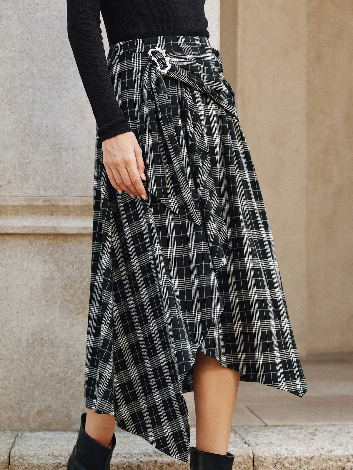 Plaid Asymmetric High-Slit Midi Skirt - Image 3