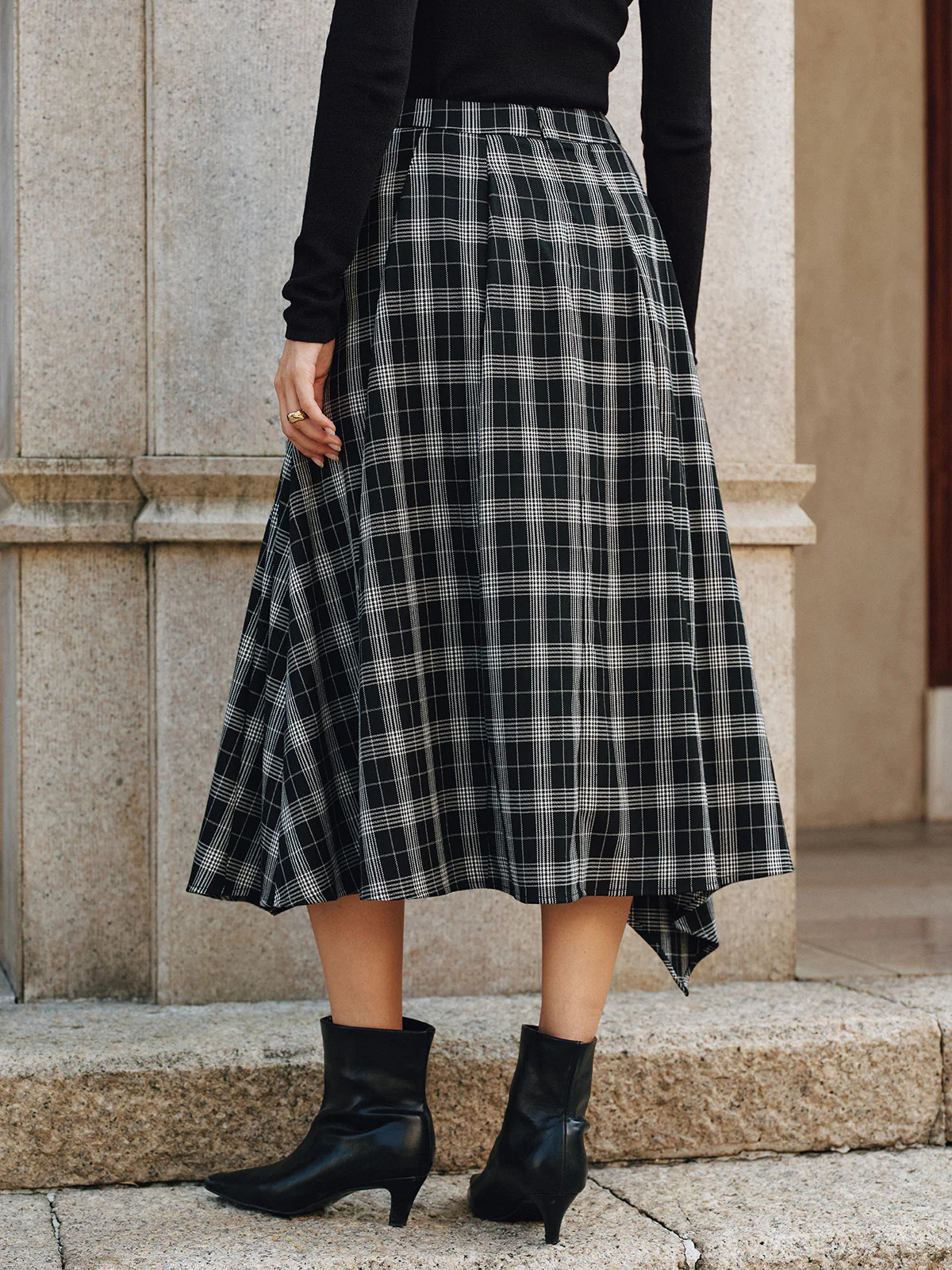 Plaid Asymmetric High-Slit Midi Skirt - Image 6