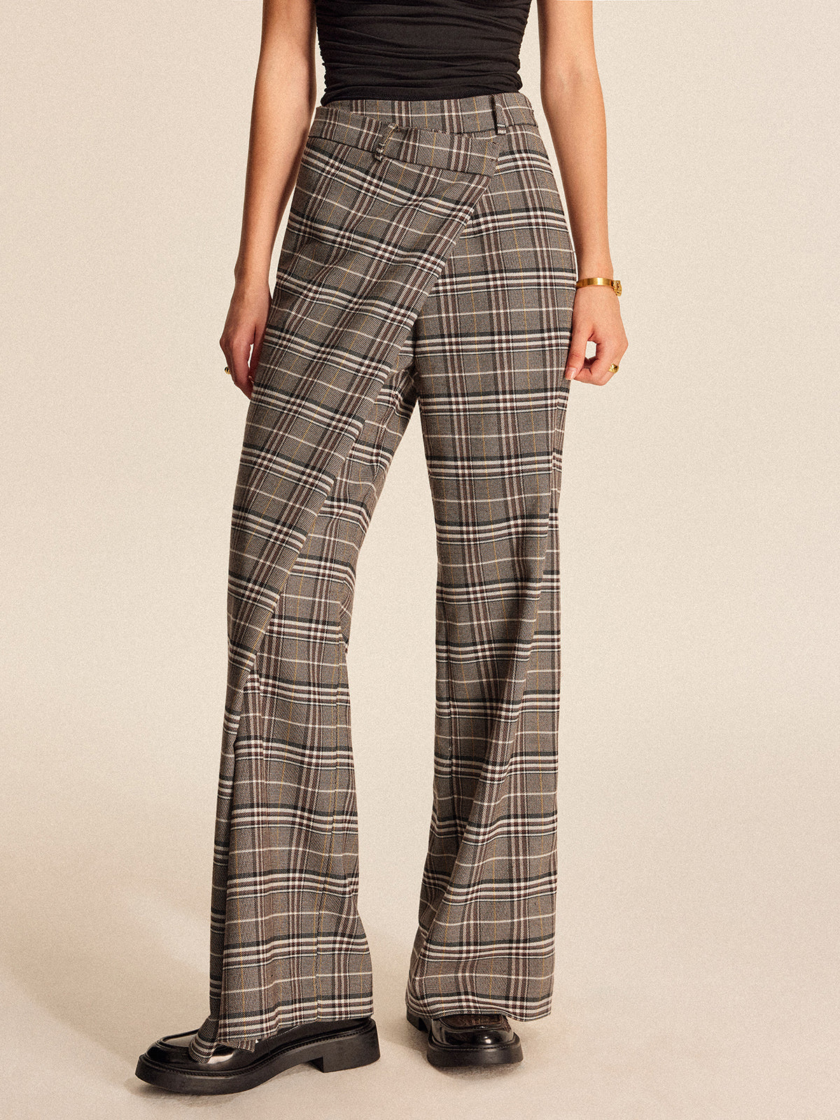 Plaid Asymmetrical Detail Mid Waist Pants - Image 2