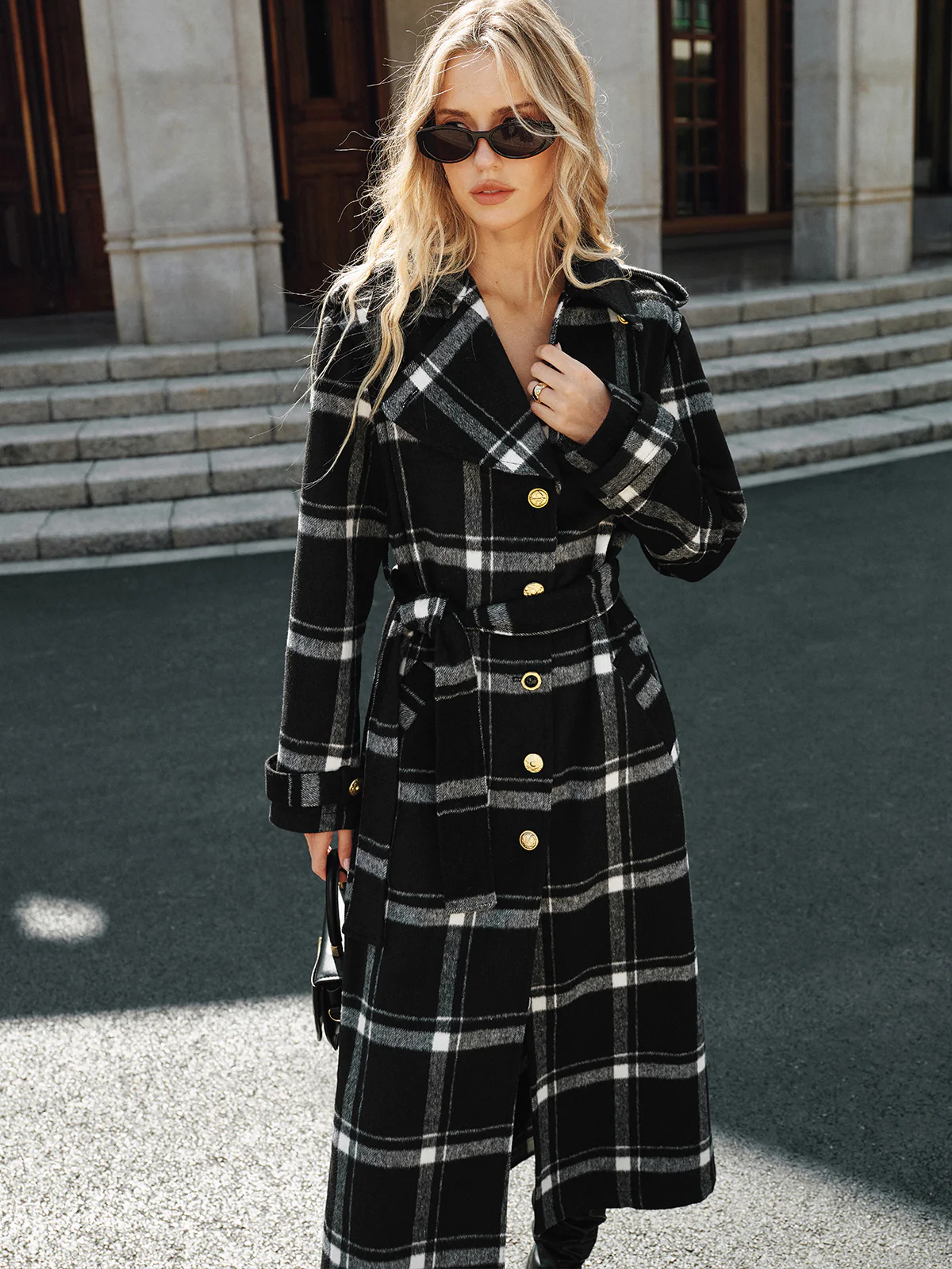Plaid Belted Wool Blend Trench Coat - Image 3