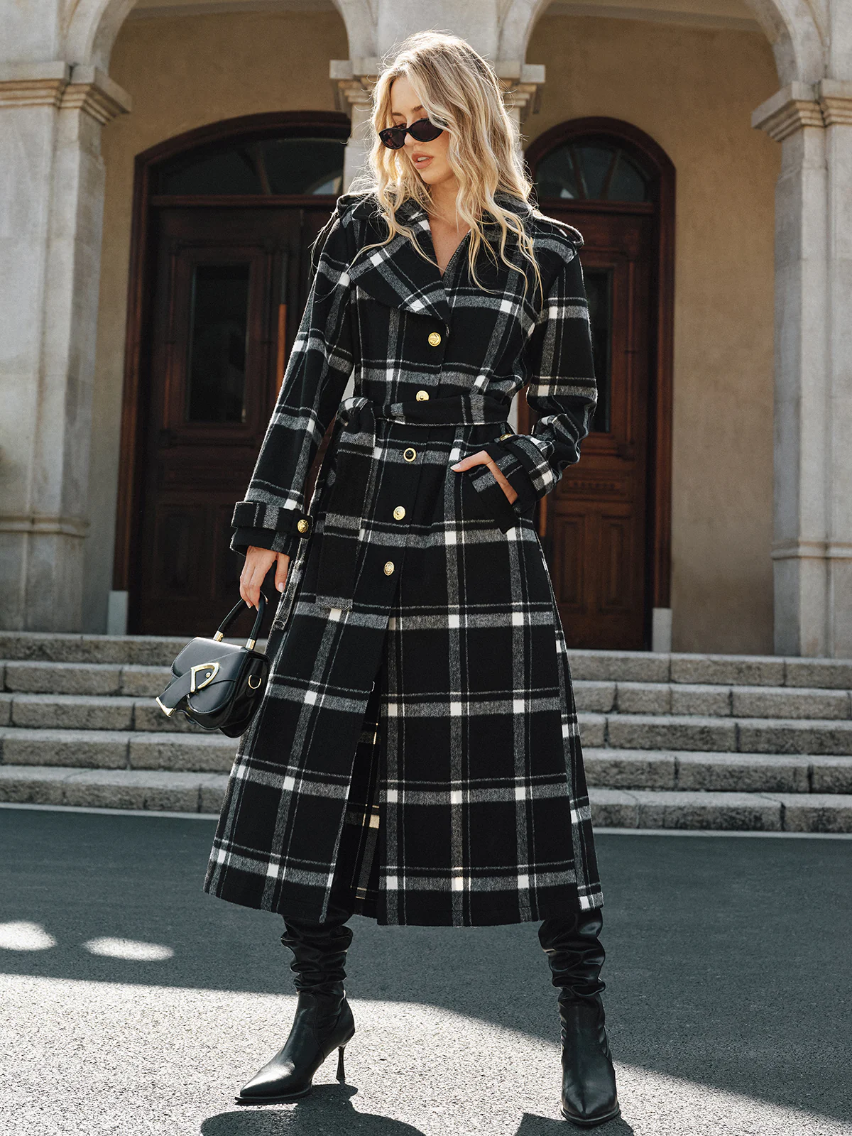 Plaid Belted Wool Blend Trench Coat - Image 4