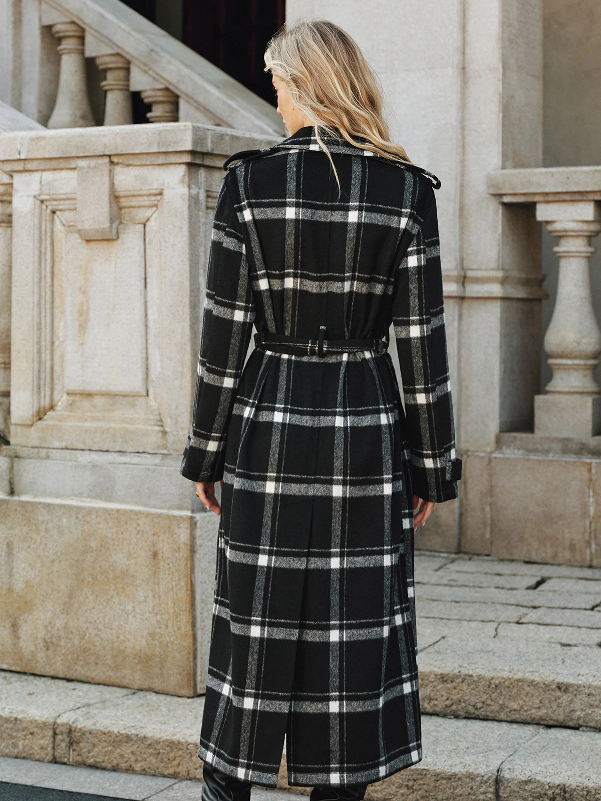 Plaid Belted Wool Blend Trench Coat - Image 5