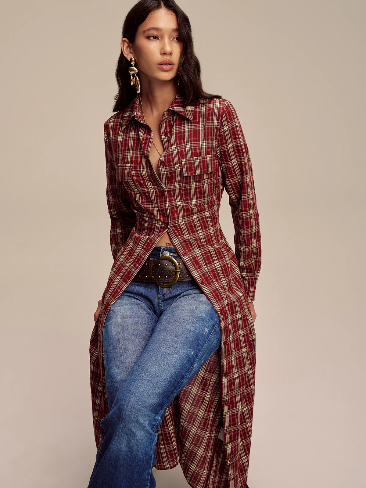 Plaid Button Front Shirt Dress - Image 7