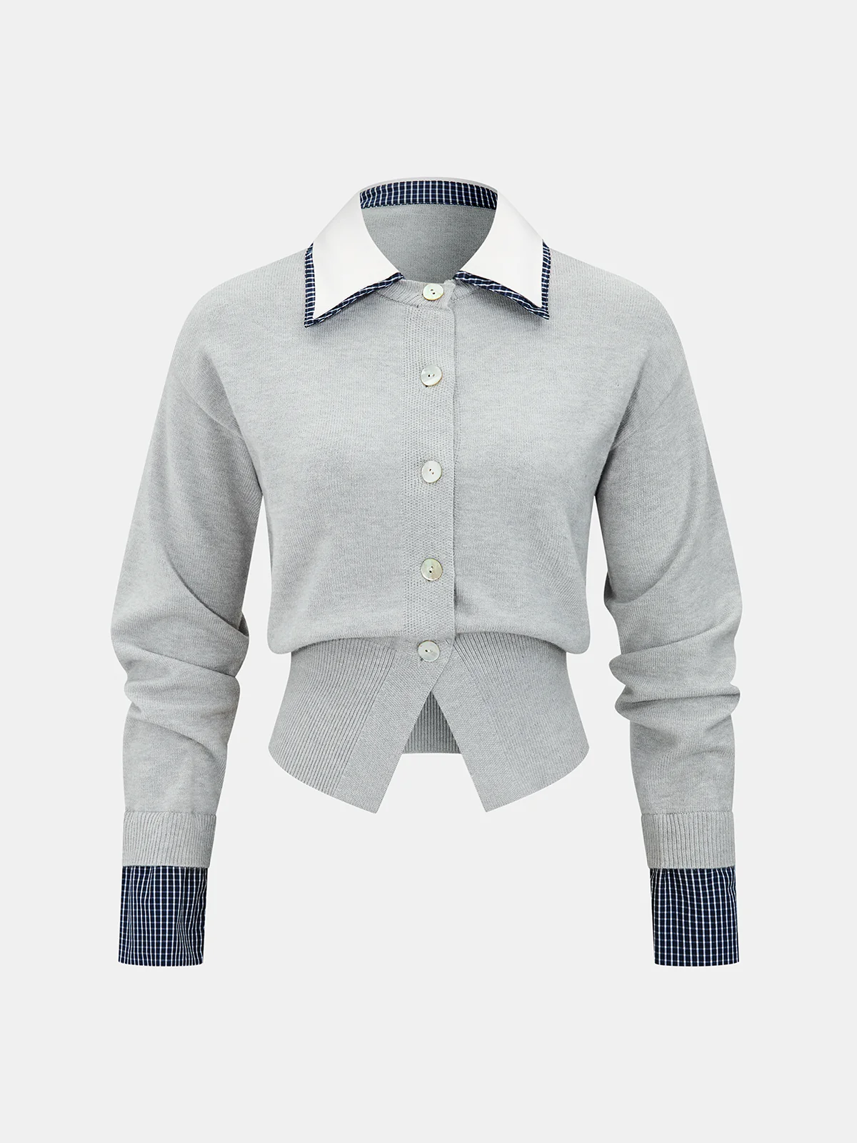 Plaid Detail Contrast Collar Knit Cardigan