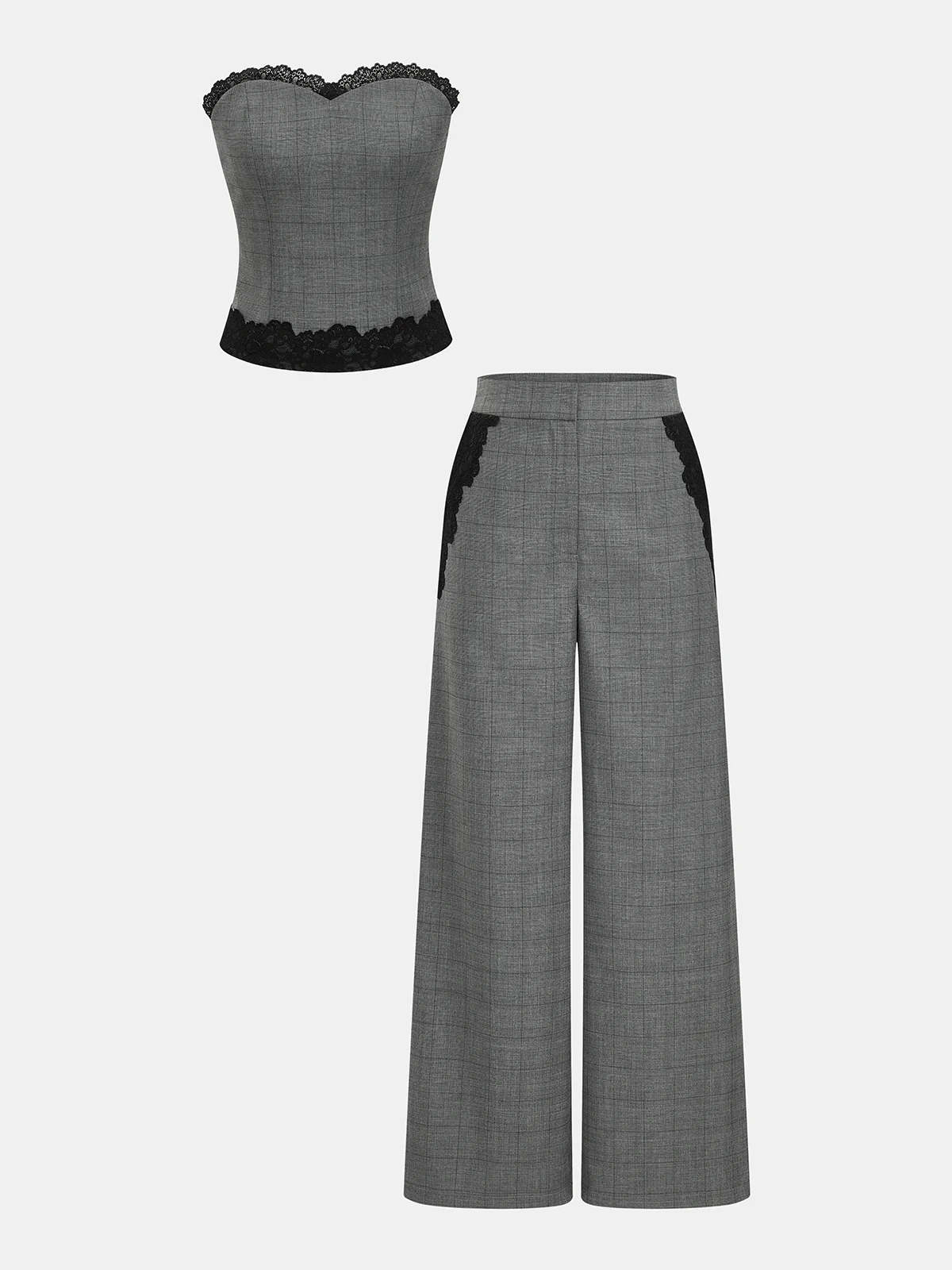 Plaid Lace Trim Strapless Top & Pants Set