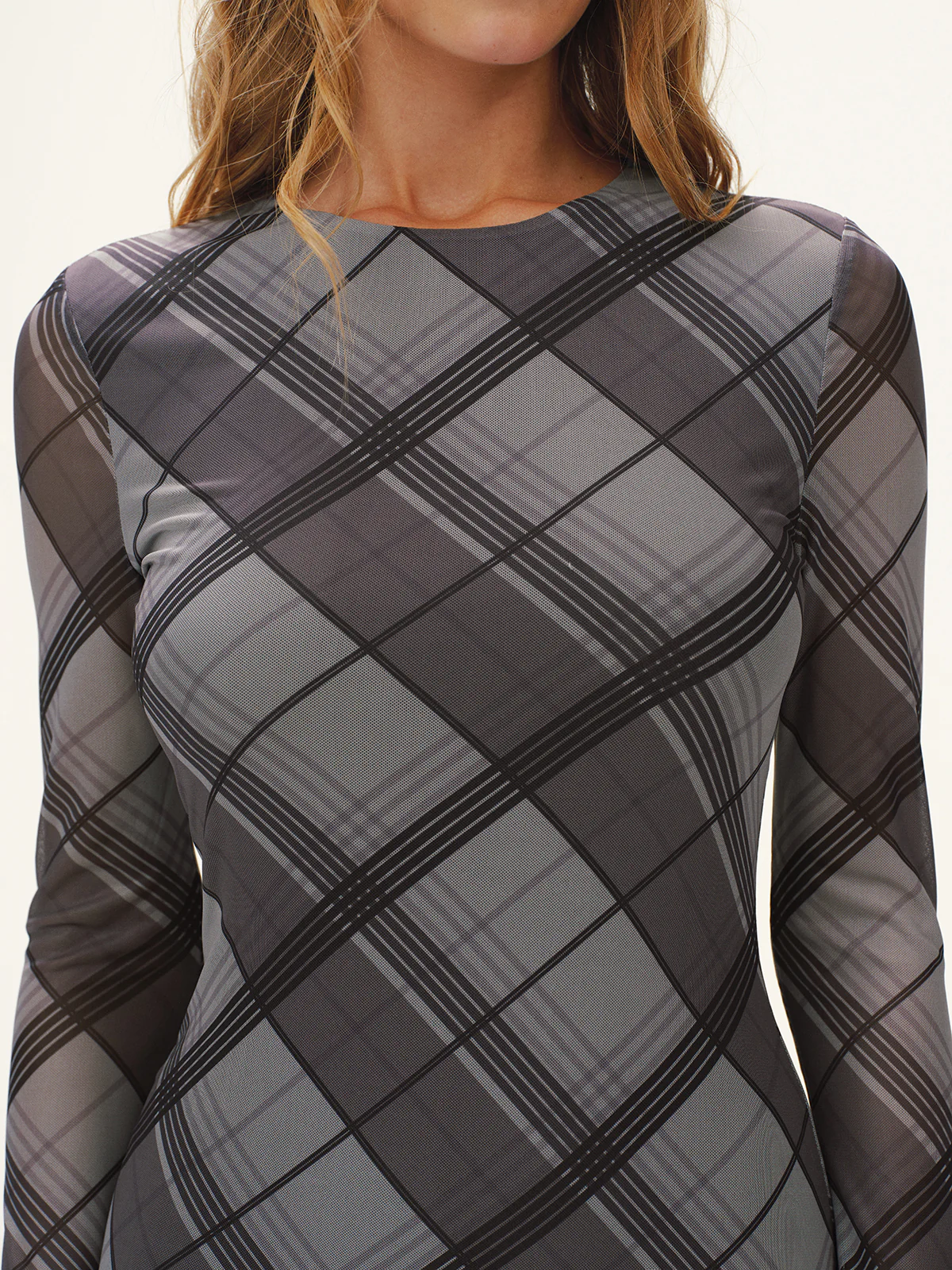 Plaid Mesh Long Sleeve Maxi Dress without Belt - Image 4