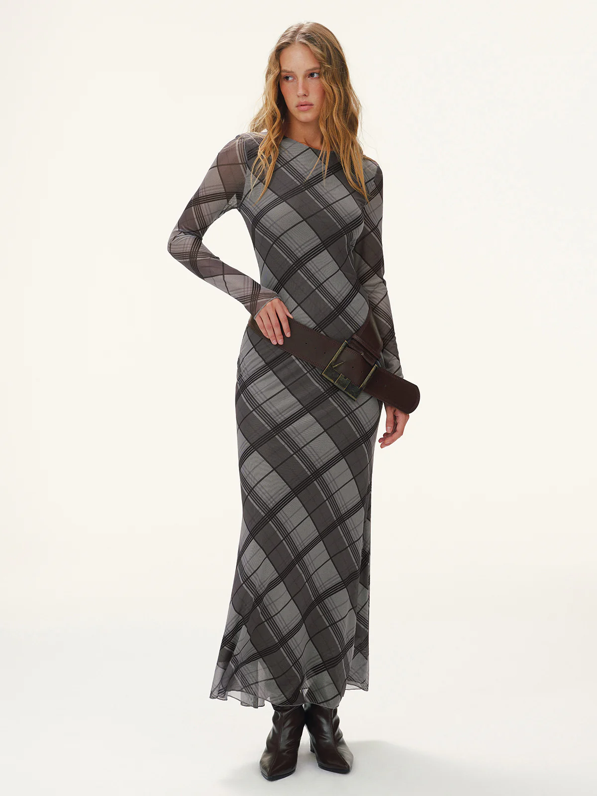 Plaid Mesh Long Sleeve Maxi Dress without Belt - Image 5