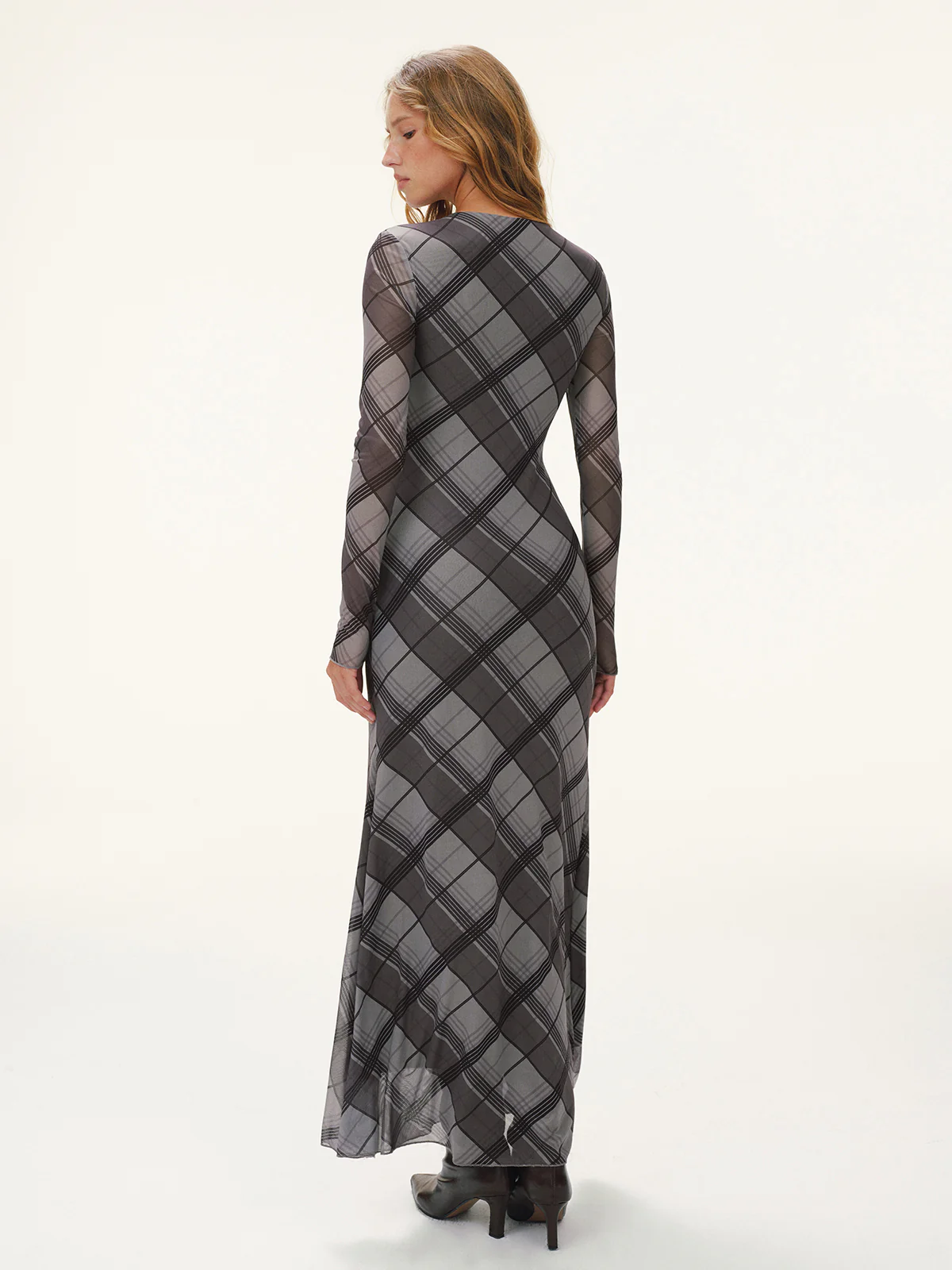 Plaid Mesh Long Sleeve Maxi Dress without Belt - Image 6