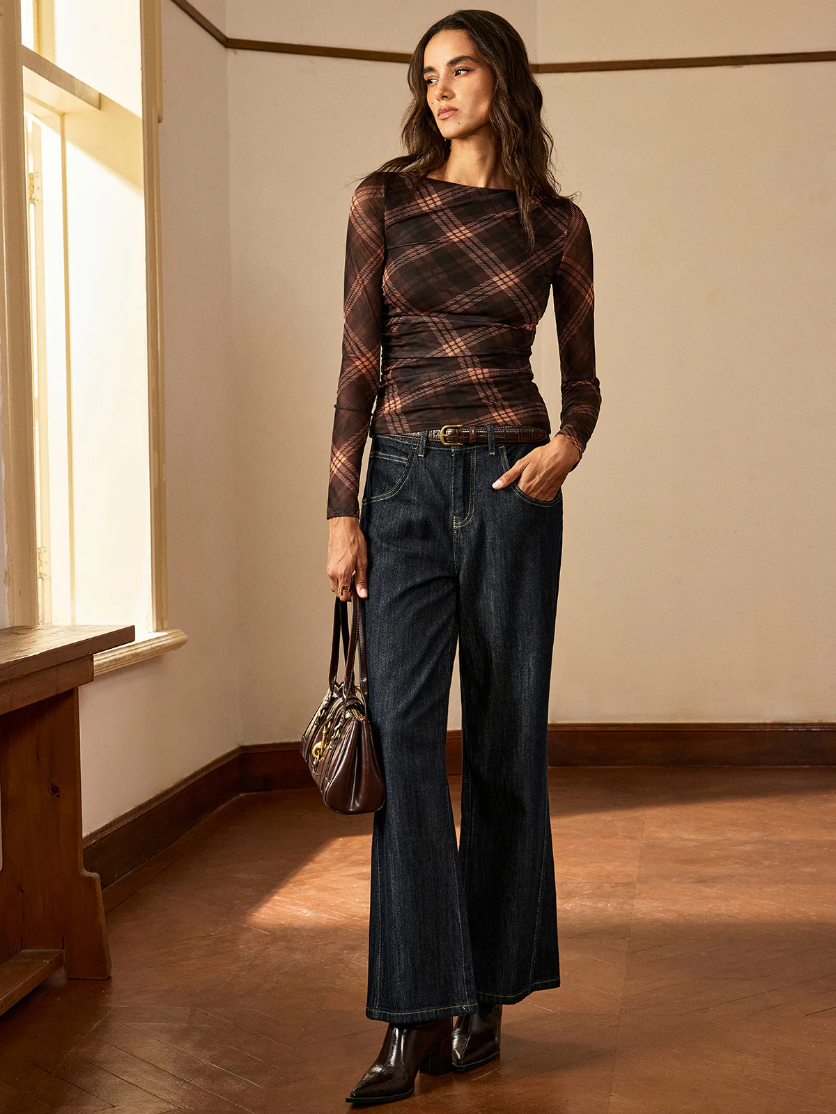 Plaid Mesh Ruched Long Sleeve Top - Image 2