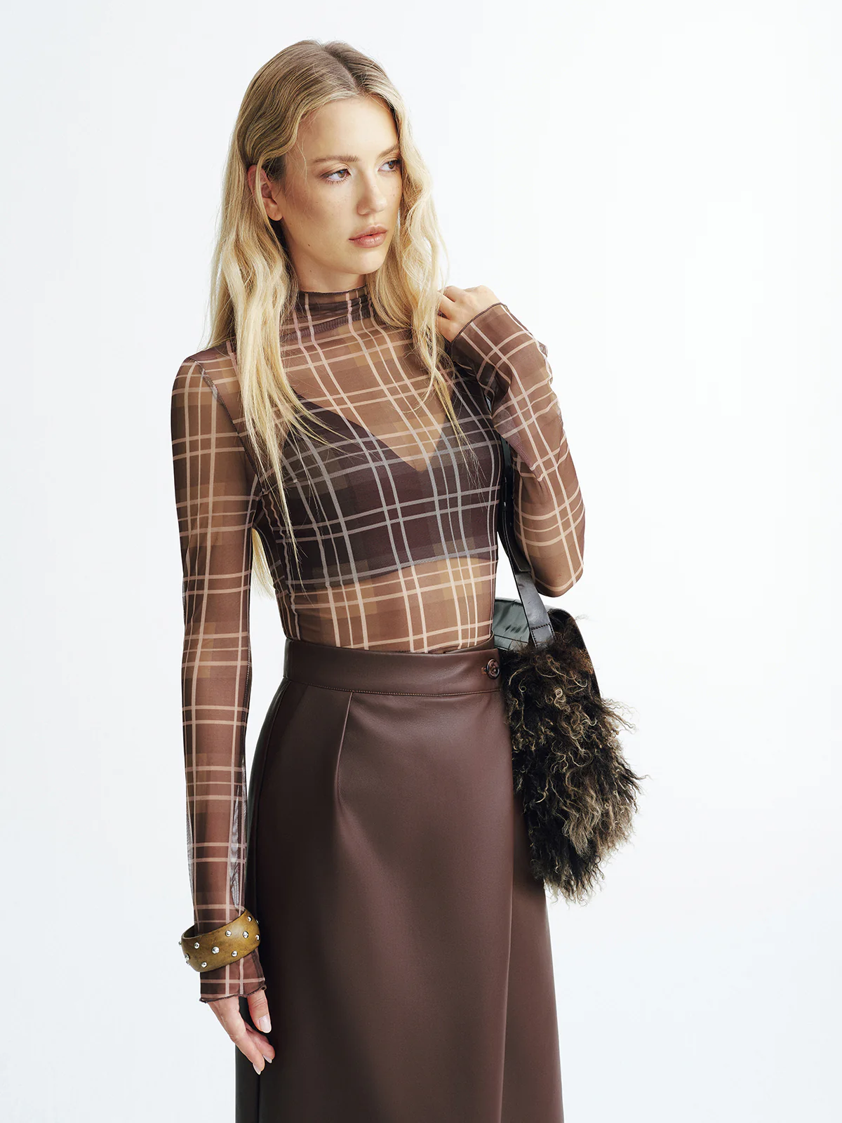 Plaid Mesh Turtleneck Blouse - Image 4