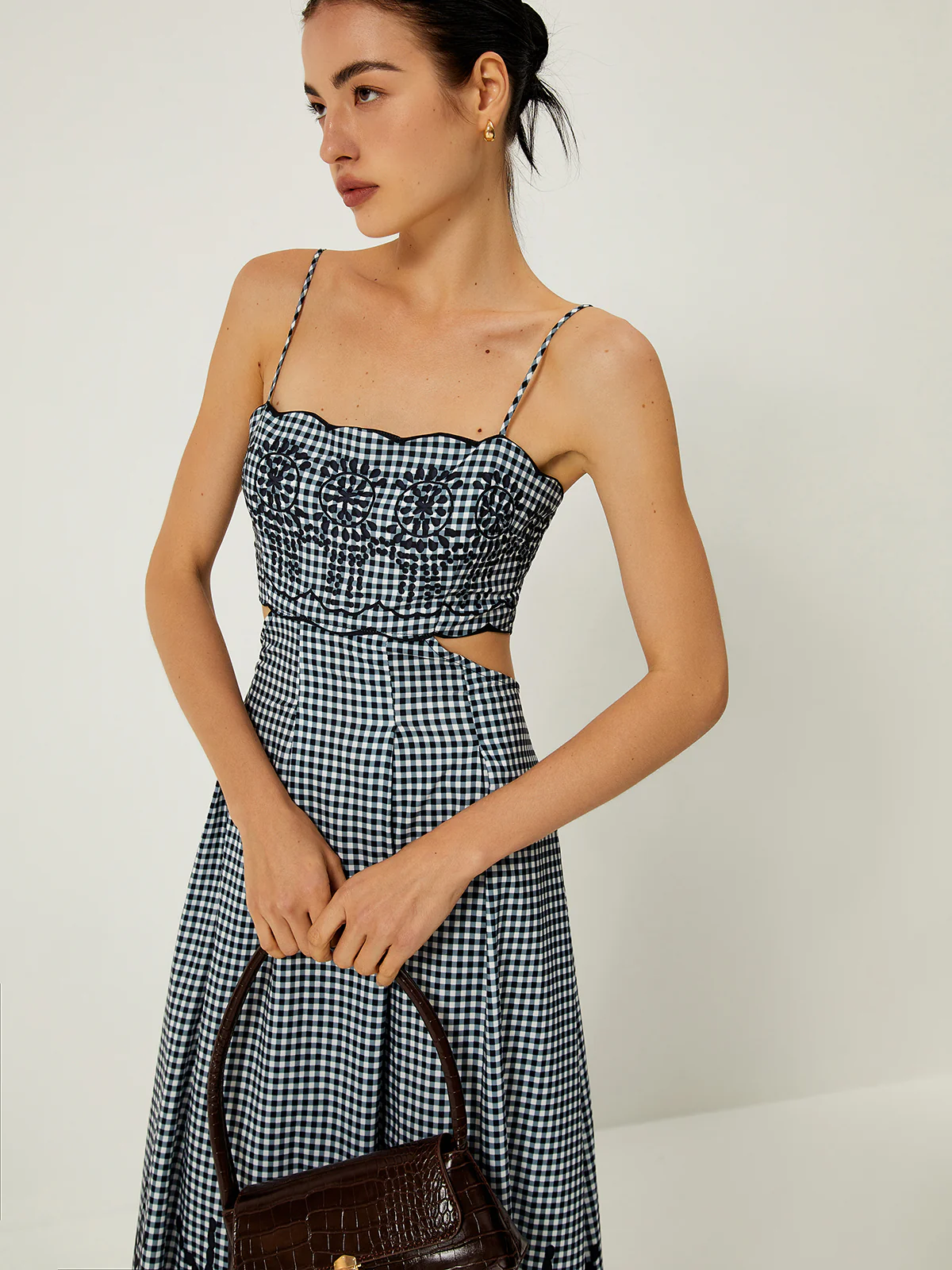 Plaid Print Embroidered Cutout Cami Long Dress - Image 3