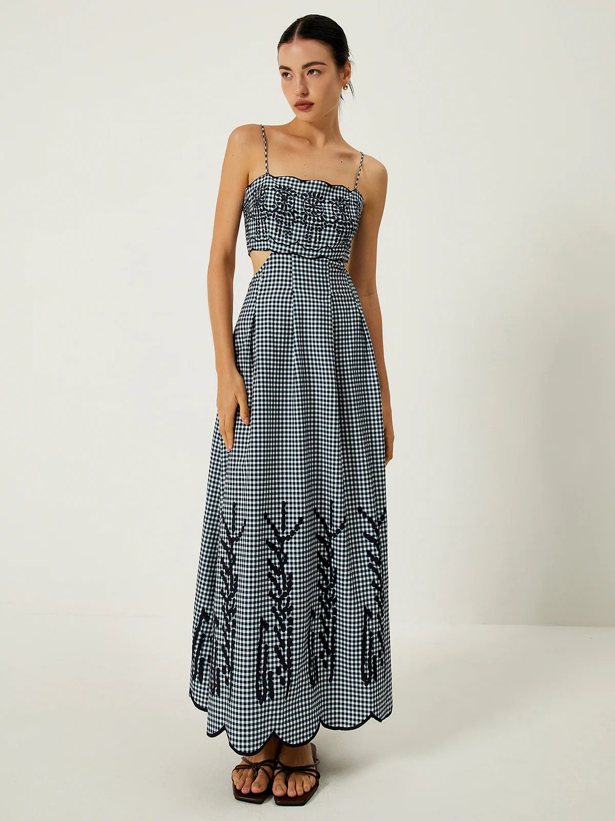 Plaid Print Embroidered Cutout Cami Long Dress - Image 4