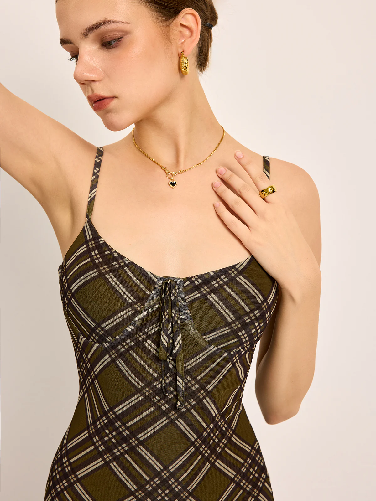 Plaid Print Tie Front Spaghetti Strap Dress - Image 5