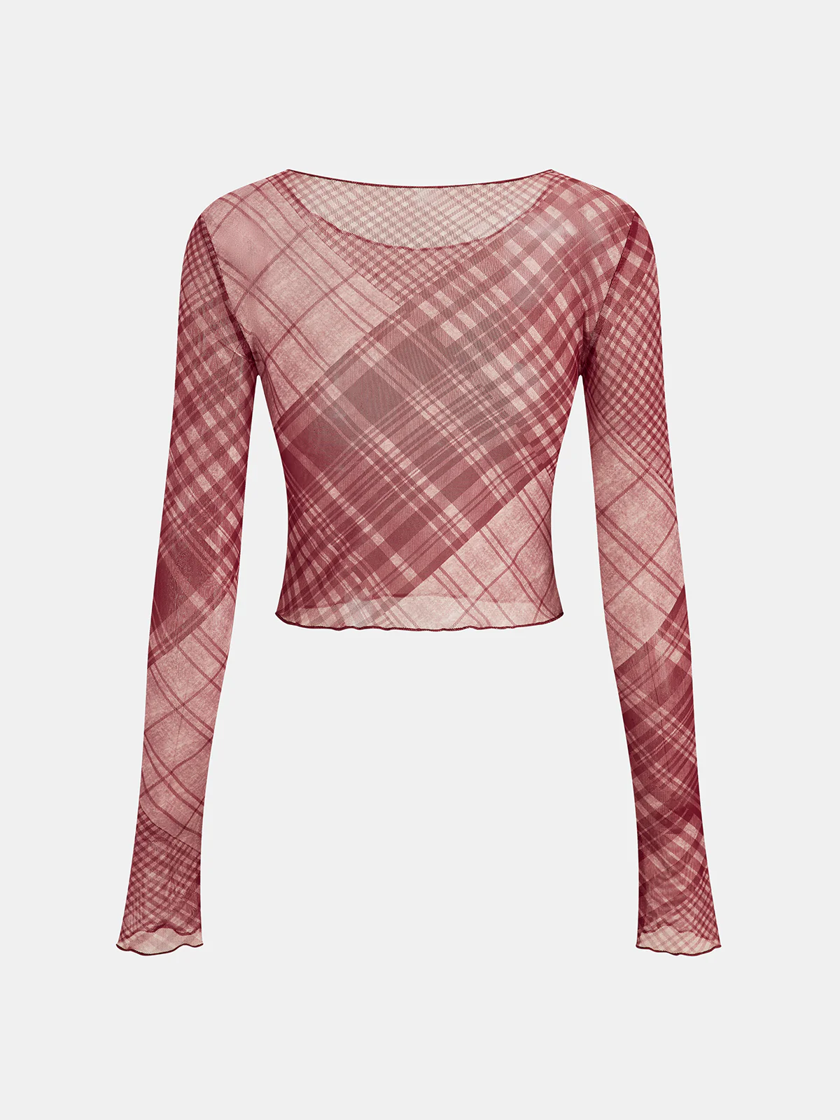 Plaid Sheer Long Sleeve Cropped Top - Image 3