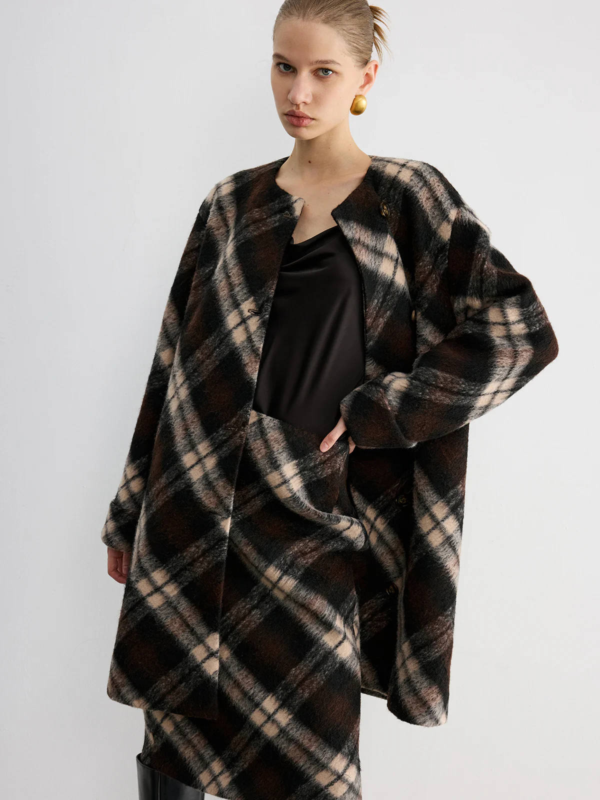 Plaid Wool-Blend Coat with Matching Scarf - Image 2