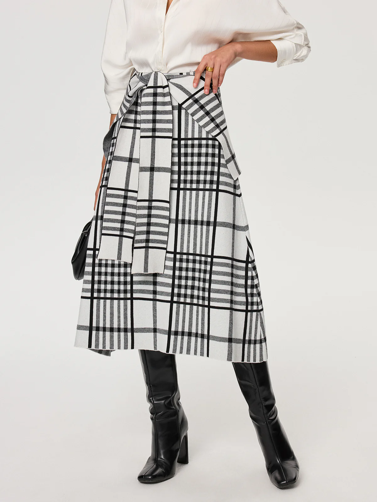 Plaid Wool Blend Midi Skirt with Apron Belt - Image 2