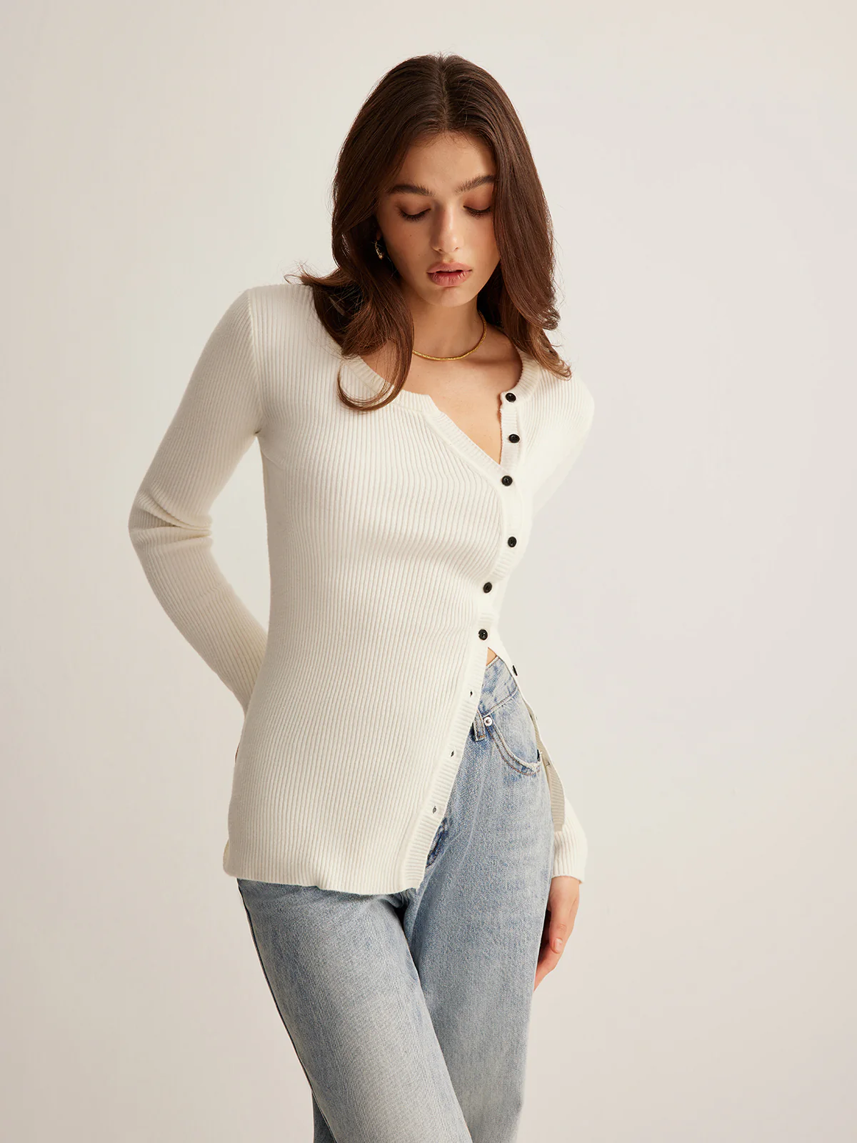 Plain Asymmetrical Breasted Sweater - Image 8