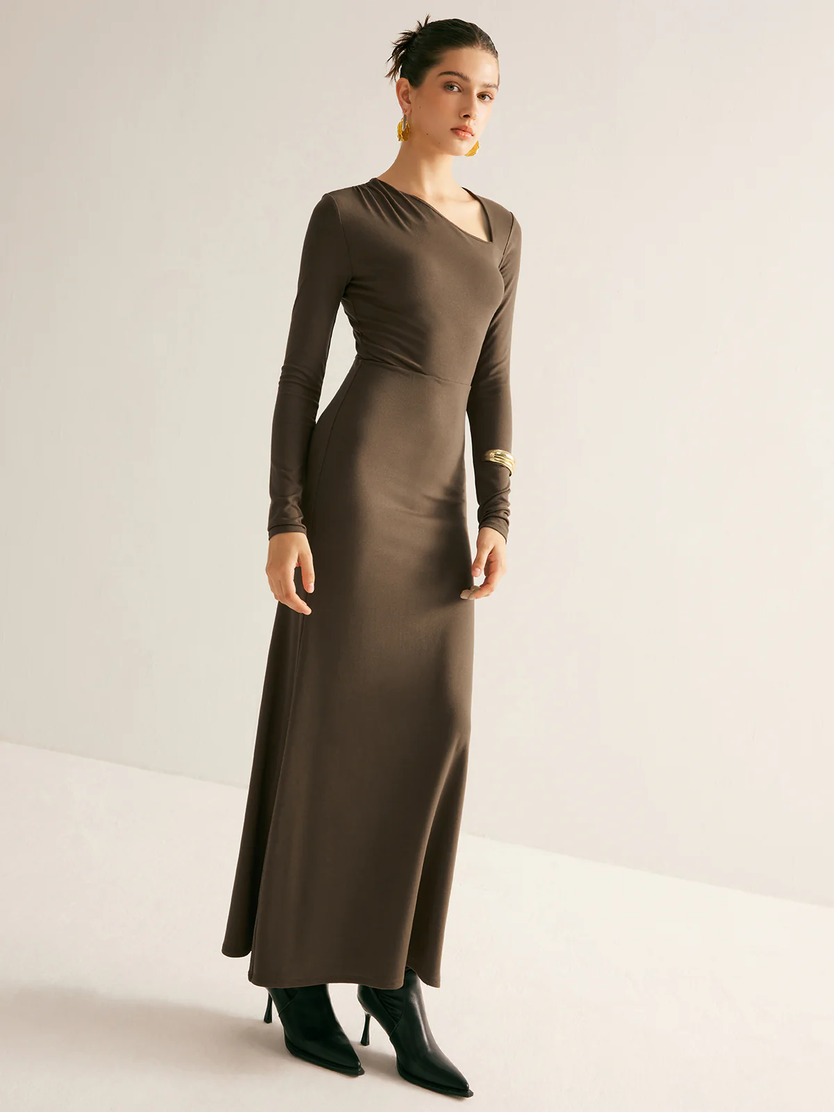 Plain Asymmetrical Neck Long Dress - Image 4
