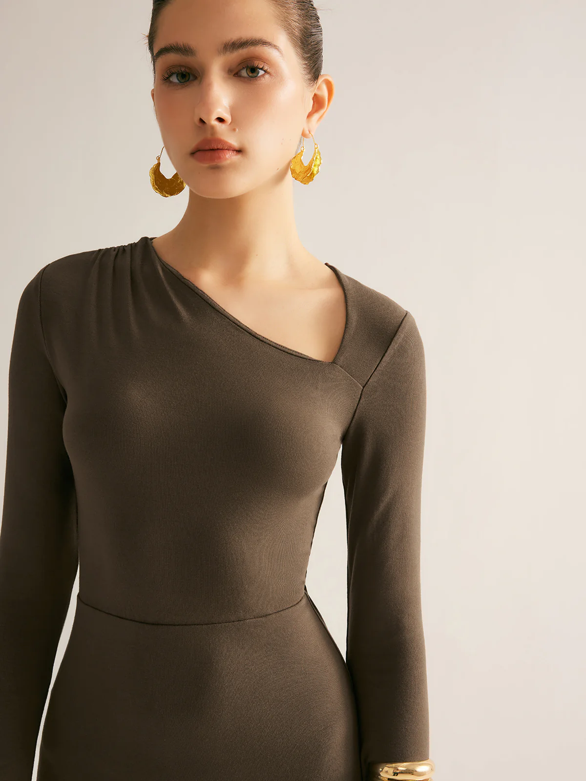 Plain Asymmetrical Neck Long Dress - Image 5