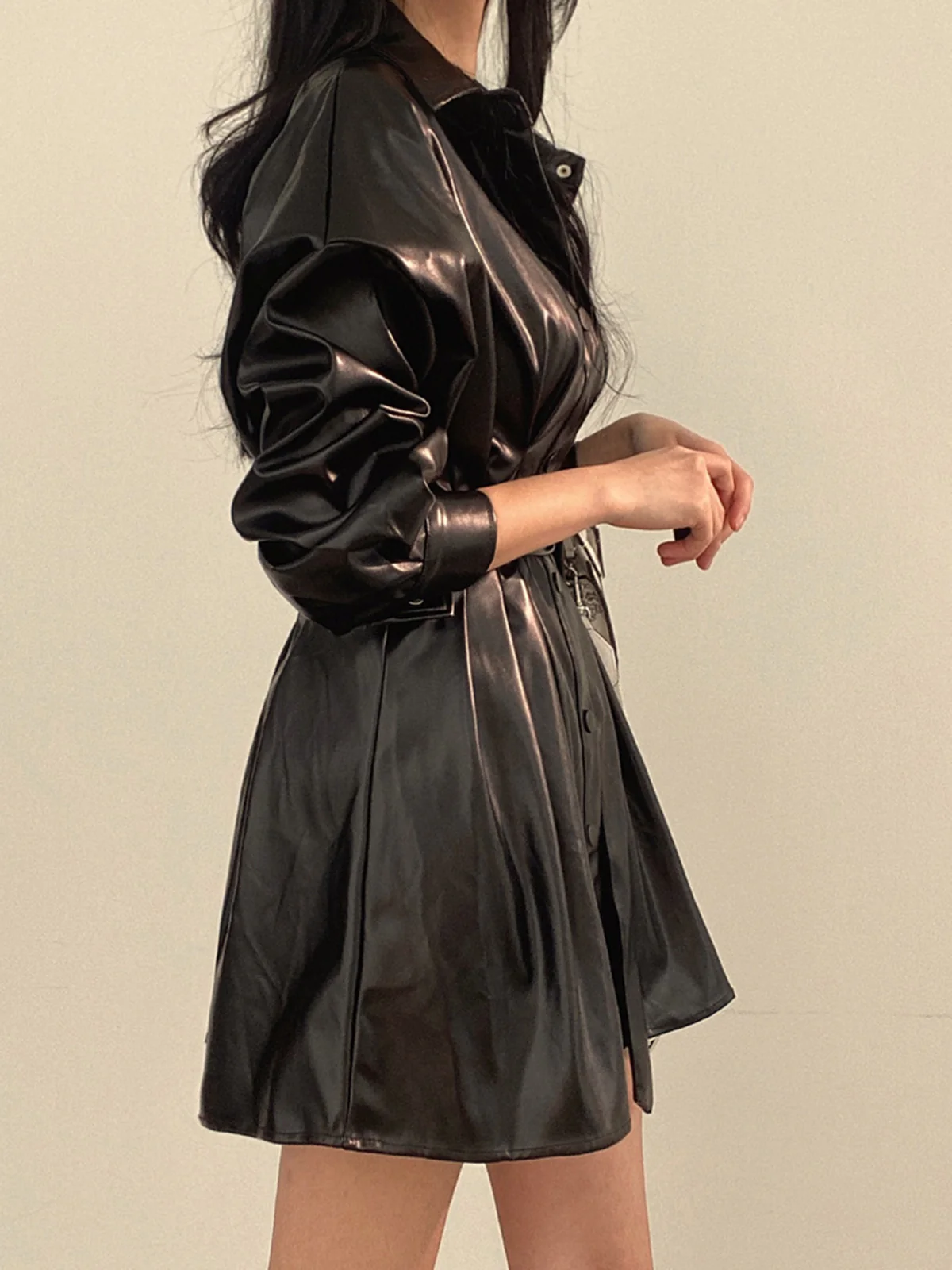 Plain Belted PU Leather Dress - Image 2