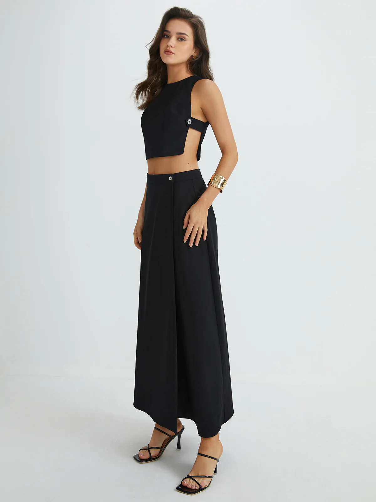 Plain Button Detail Top With Split Maxi Skirt Set - Image 3