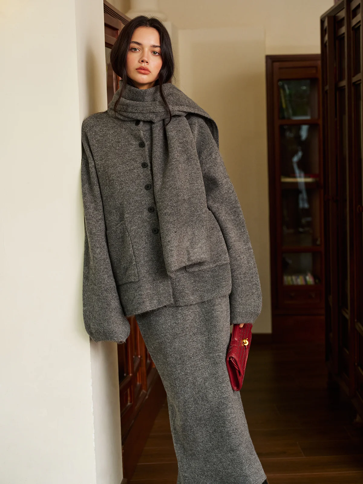 Plain Button Sweater Skirt Set With Matching Scarf - Image 2