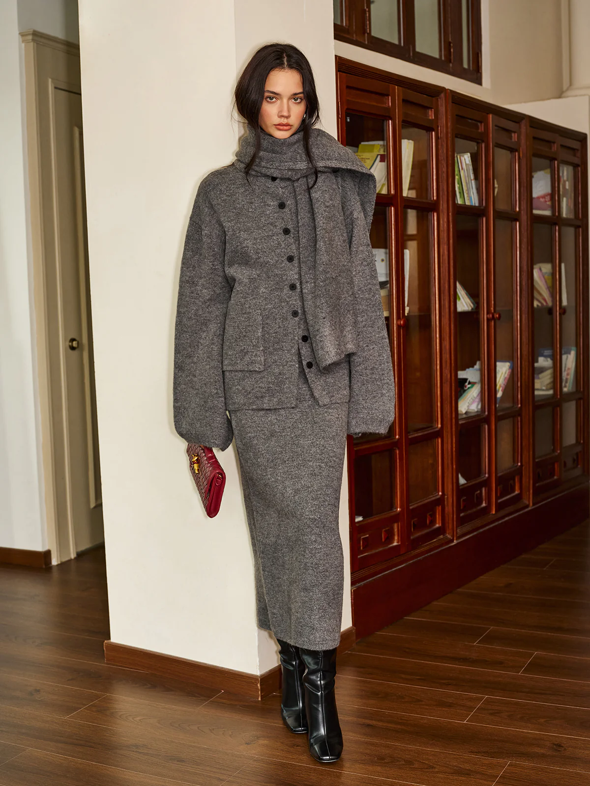 Plain Button Sweater Skirt Set With Matching Scarf - Image 6