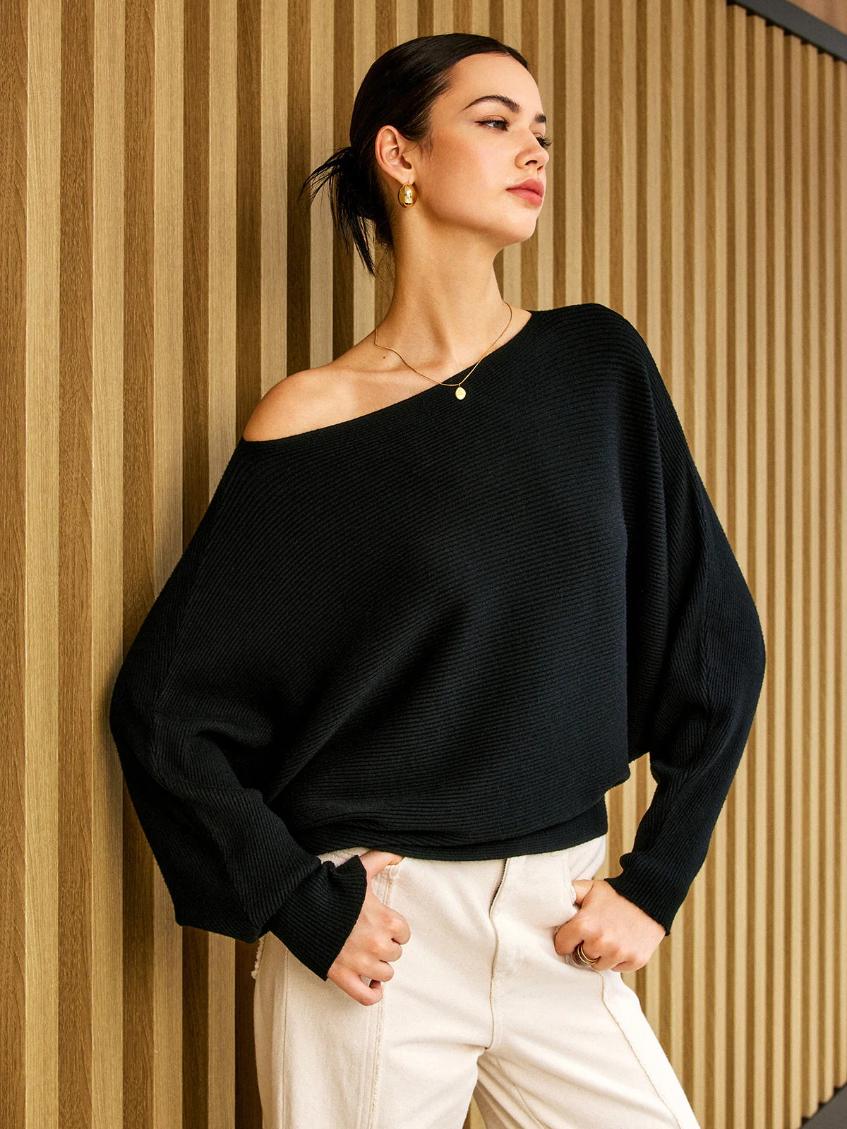 Plain Cold Shoulder Loose Sweater