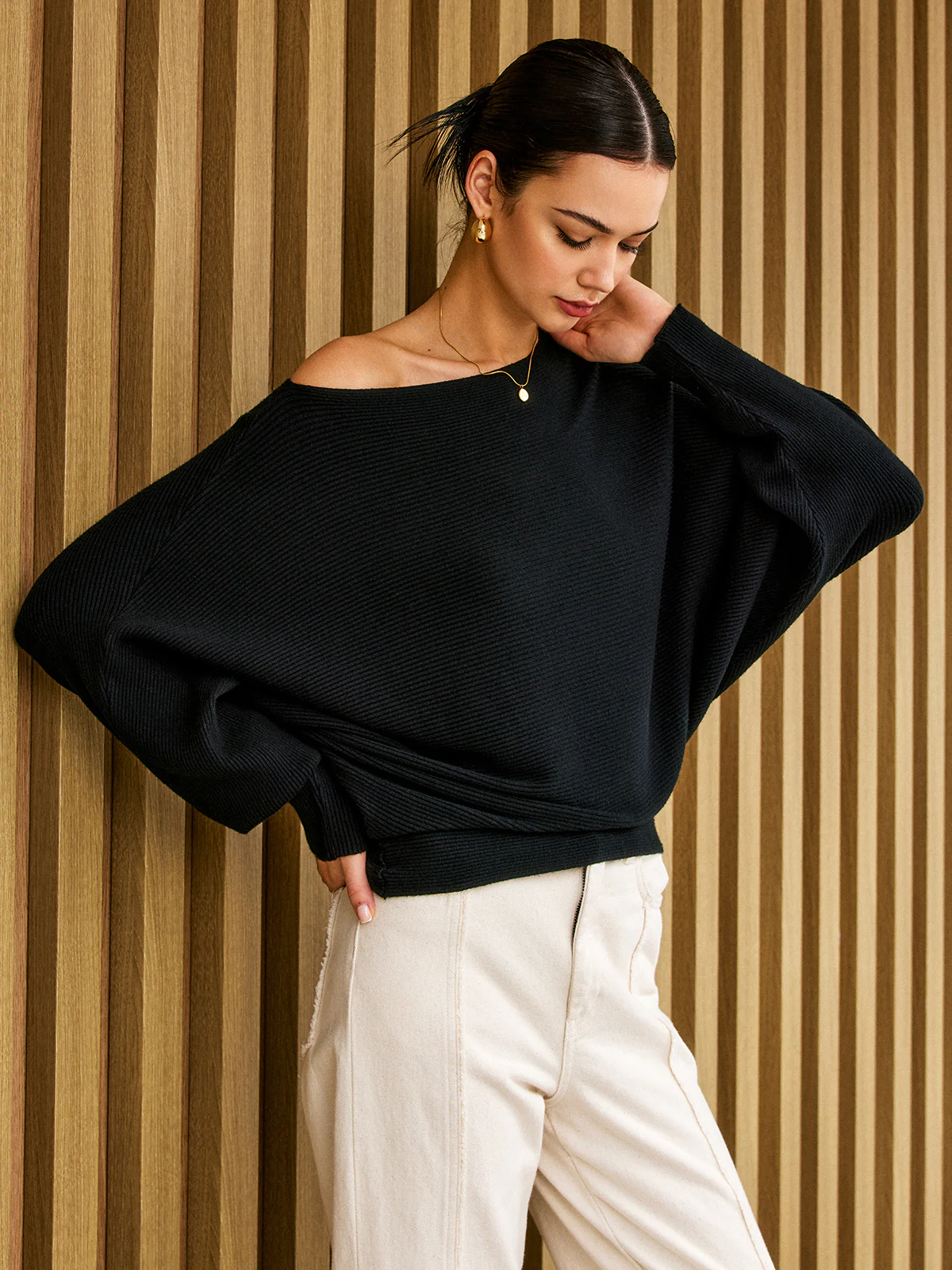 Plain Cold Shoulder Loose Sweater - Image 5