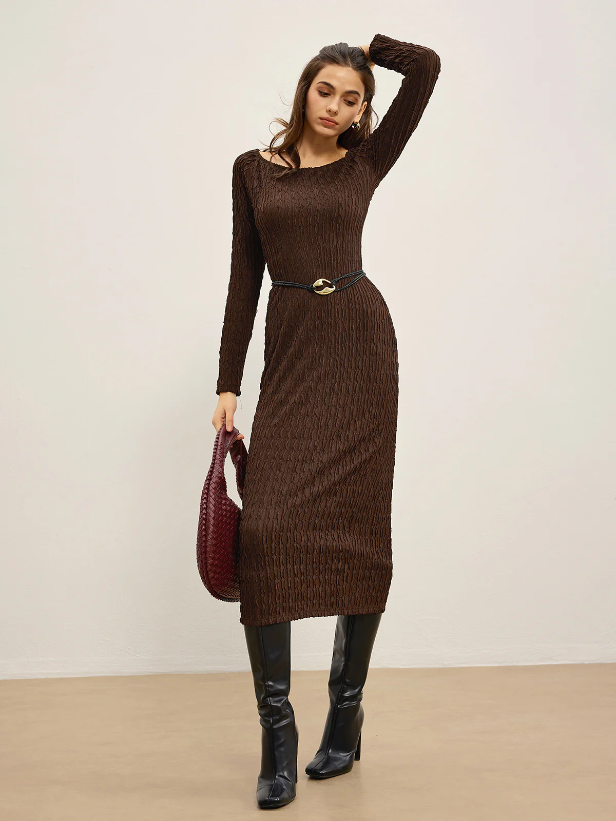 Plain Crinkle Textured Dress Without Belt - Image 3