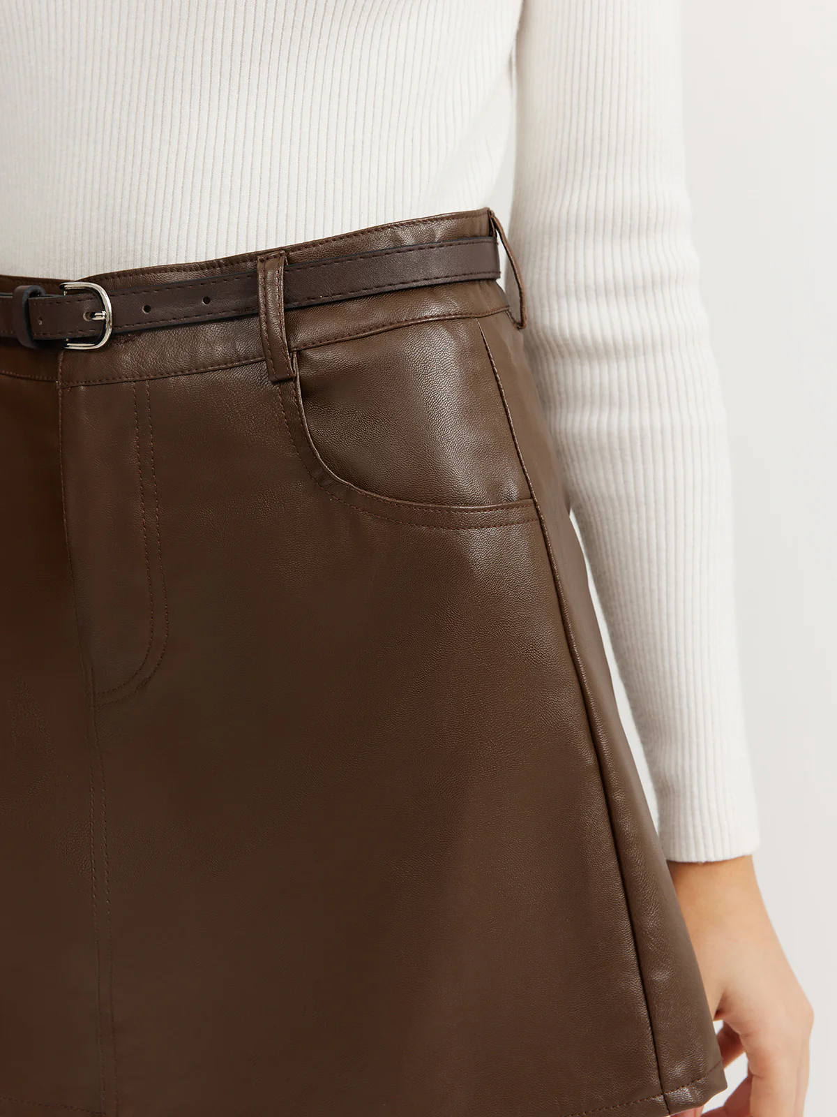 Plain Faux Leather Belted Skirt - Image 5