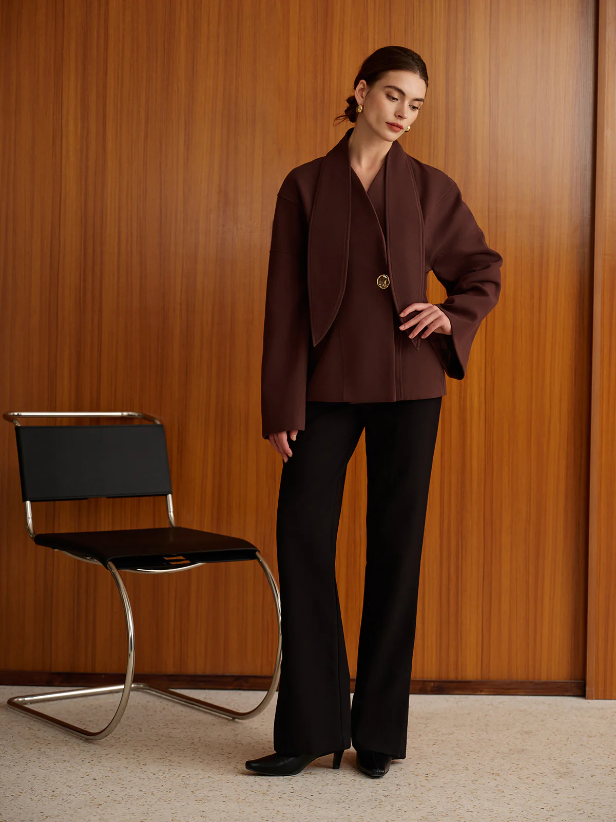 Plain Metal-Button Coat With Scarf - Image 2