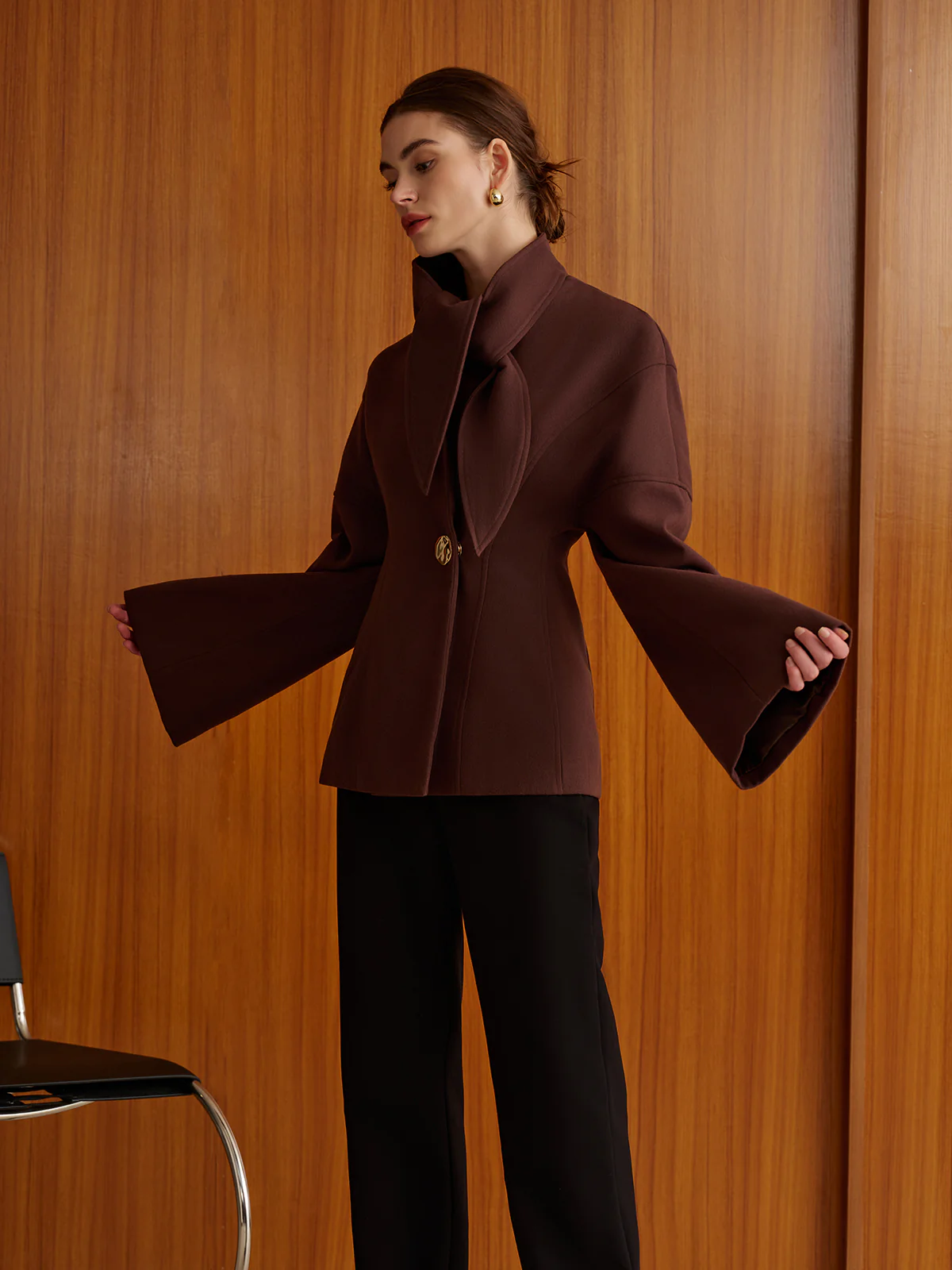 Plain Metal-Button Coat With Scarf - Image 3
