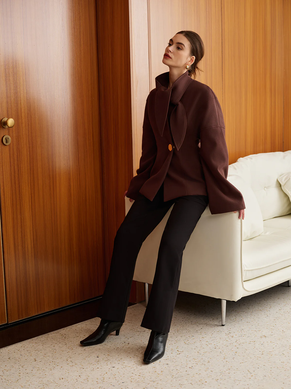 Plain Metal-Button Coat With Scarf - Image 4