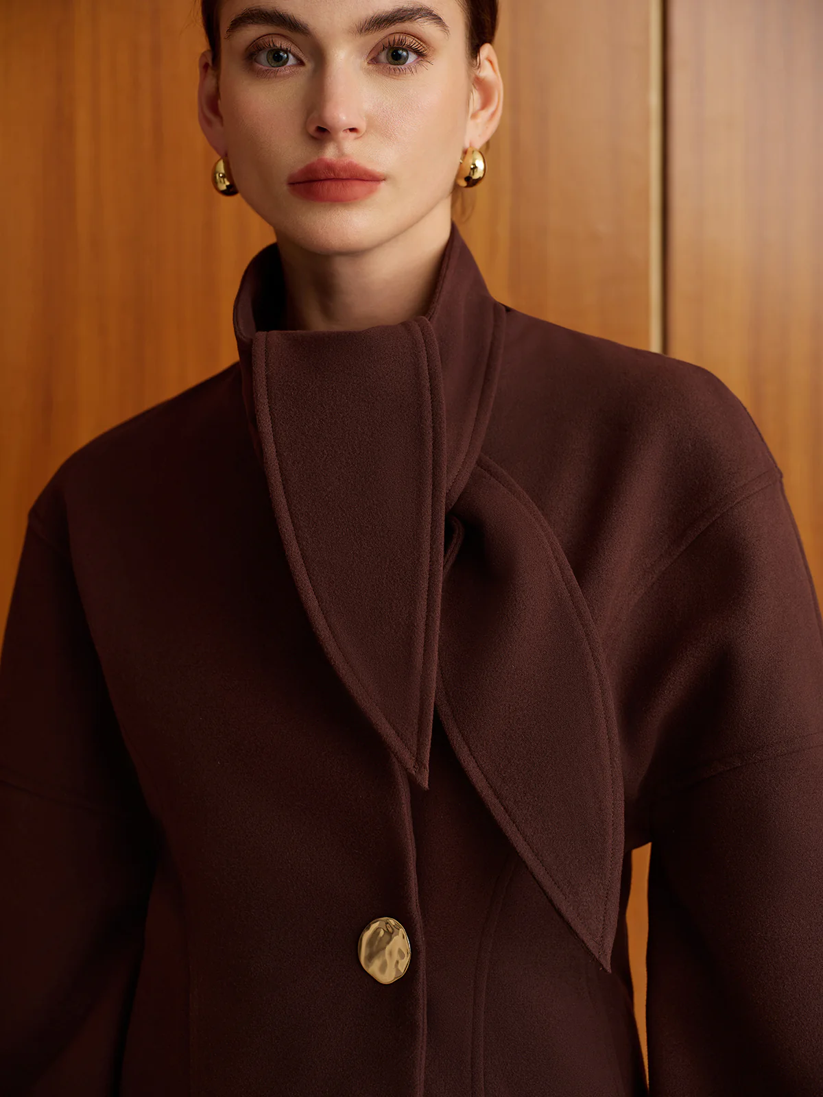 Plain Metal-Button Coat With Scarf - Image 5