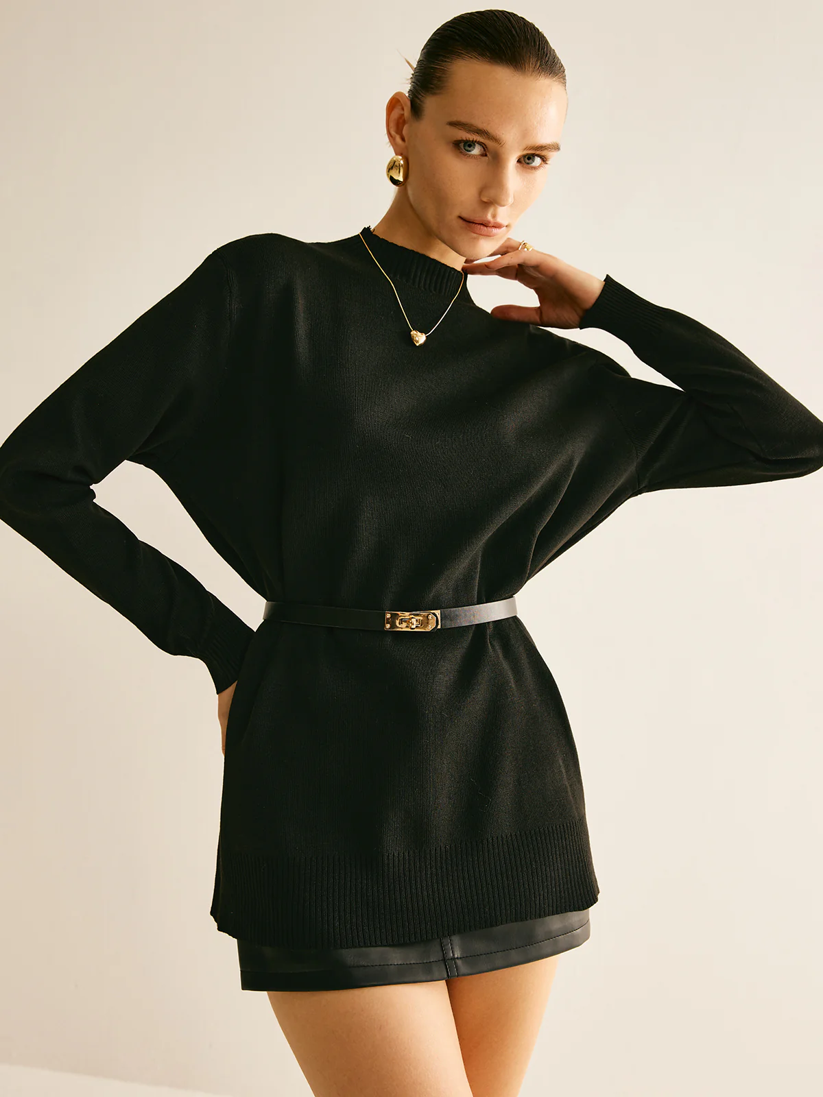 Plain Mock Neck Versatile Belted Sweater - Image 3