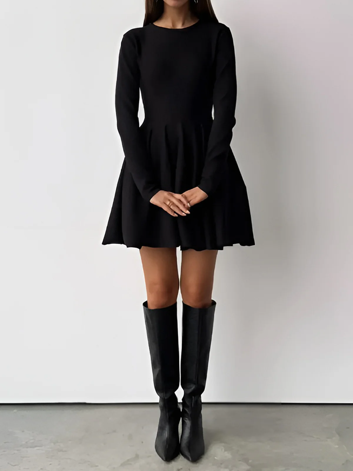 Plain Pleated Sweater Short Dress - Image 6