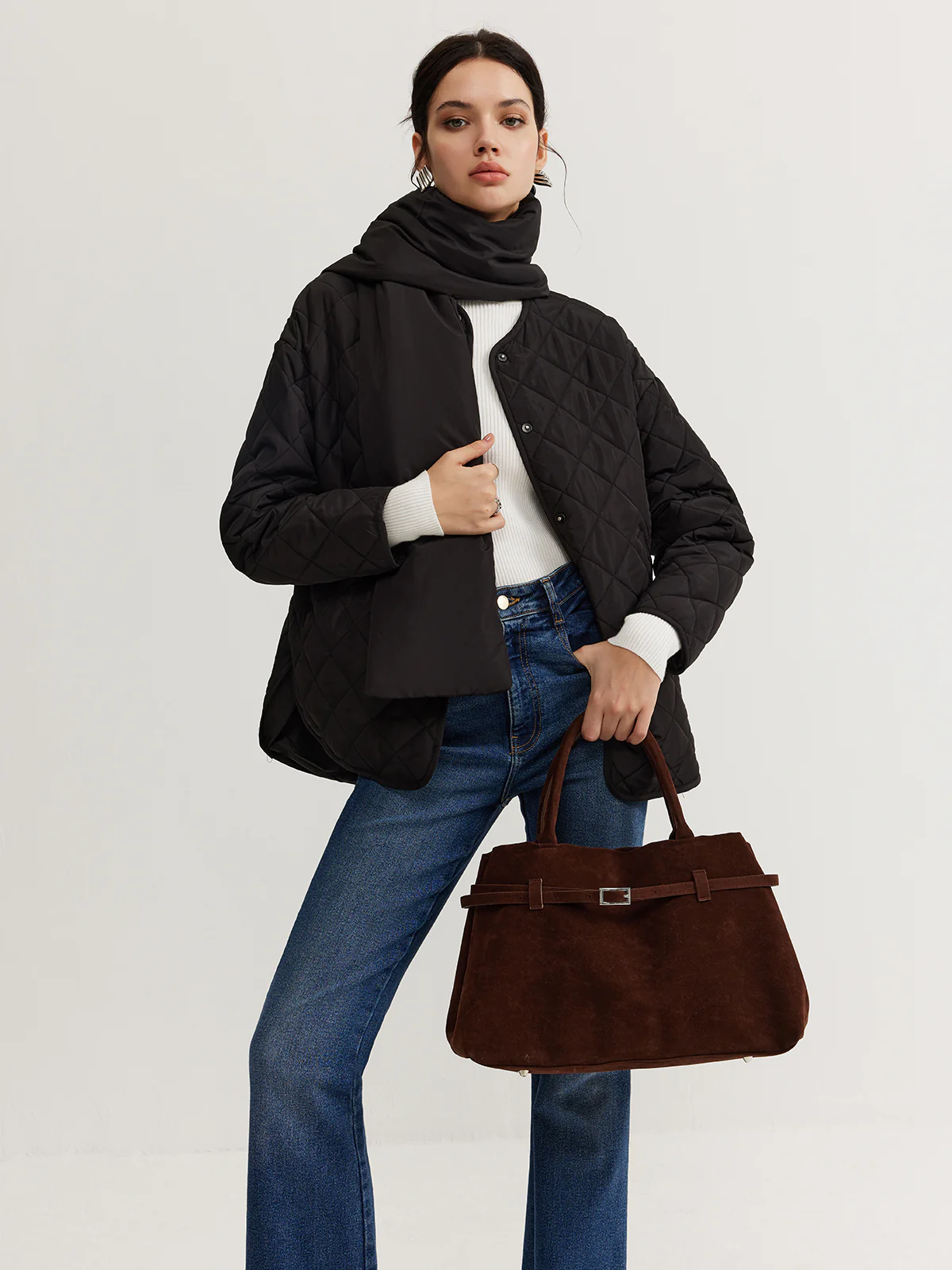 Plain Quilted Button Winter Coat With Matching Scarf - Image 3