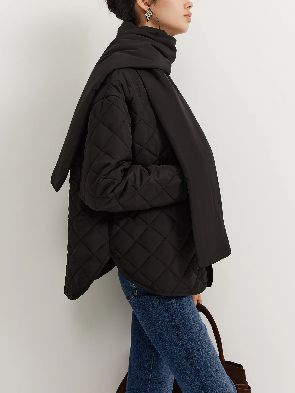 Plain Quilted Button Winter Coat With Matching Scarf - Image 4