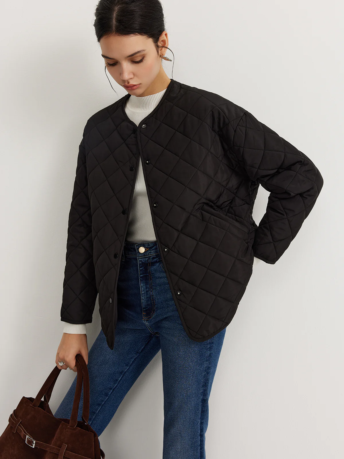 Plain Quilted Button Winter Coat With Matching Scarf - Image 5