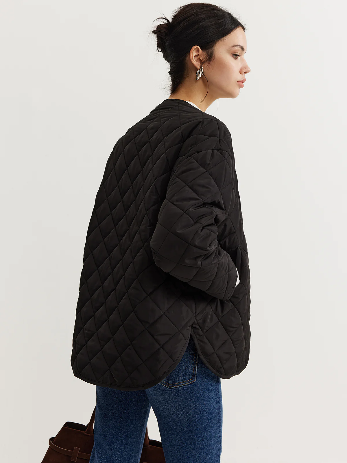 Plain Quilted Button Winter Coat With Matching Scarf - Image 6