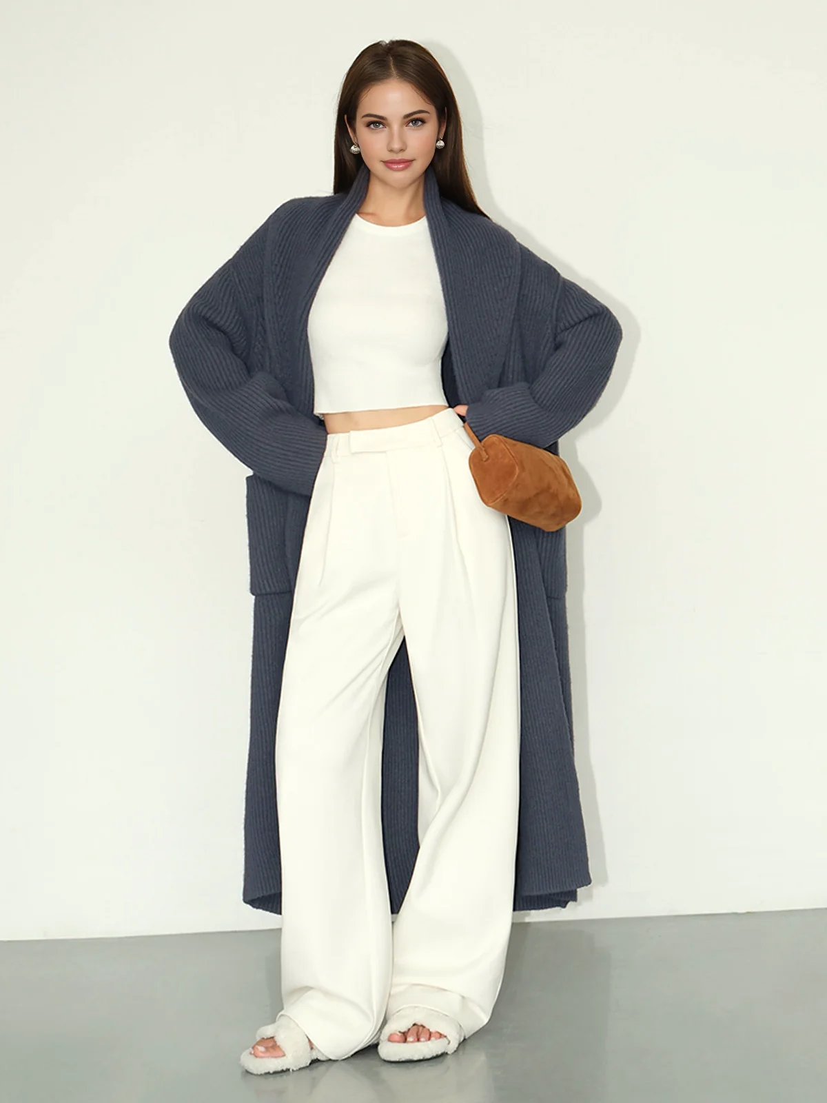 Plain Ribbed Pockets Long Cardigan